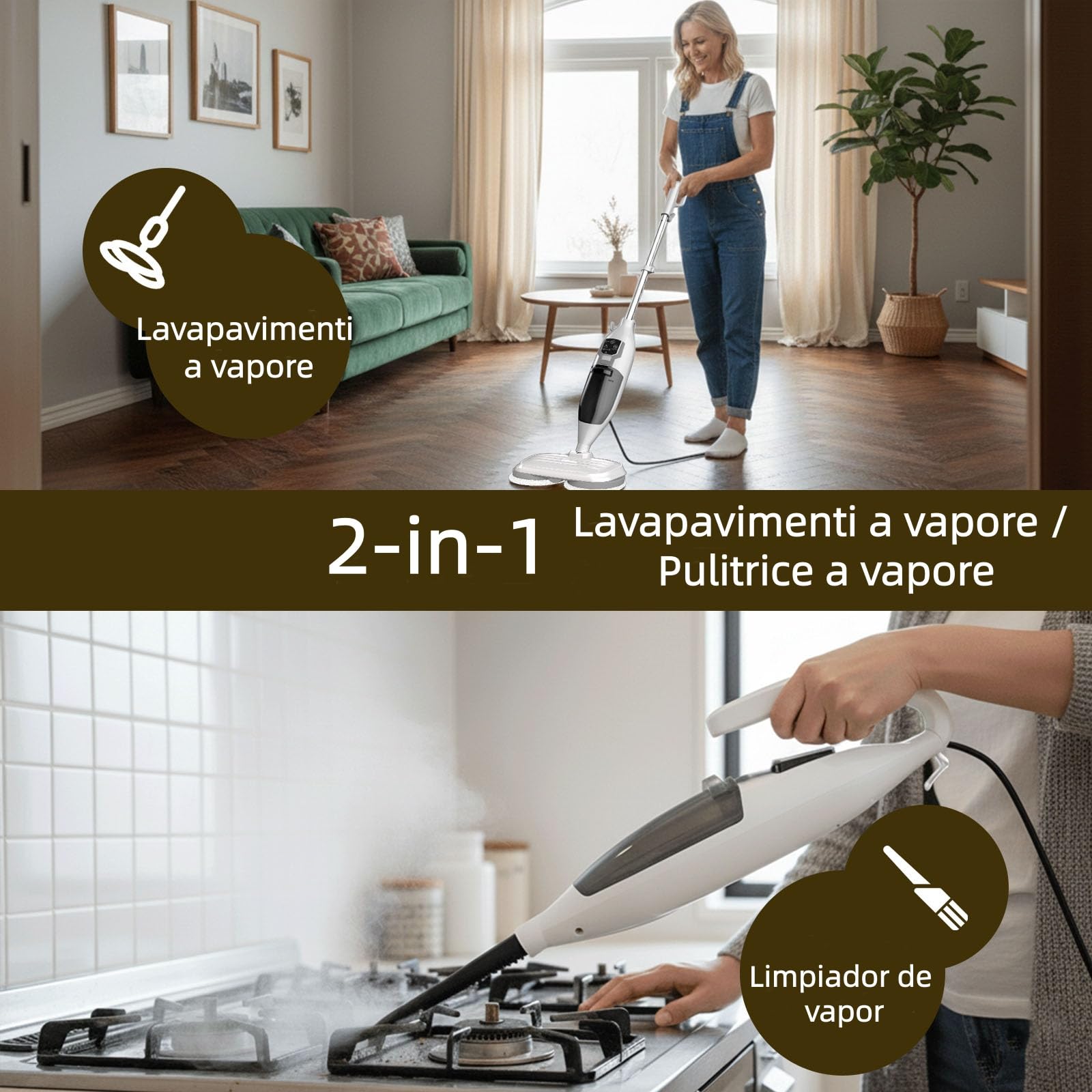 PUREBEAR Scopa a Vapore 2 in 1 con Pulitore a Vapore Portatile, 3 Livelli di Vapore Regolabili, 4 Panni di Ricambio, per Pavimenti, Piastrelle, Finestre, Vestiti e Fughe