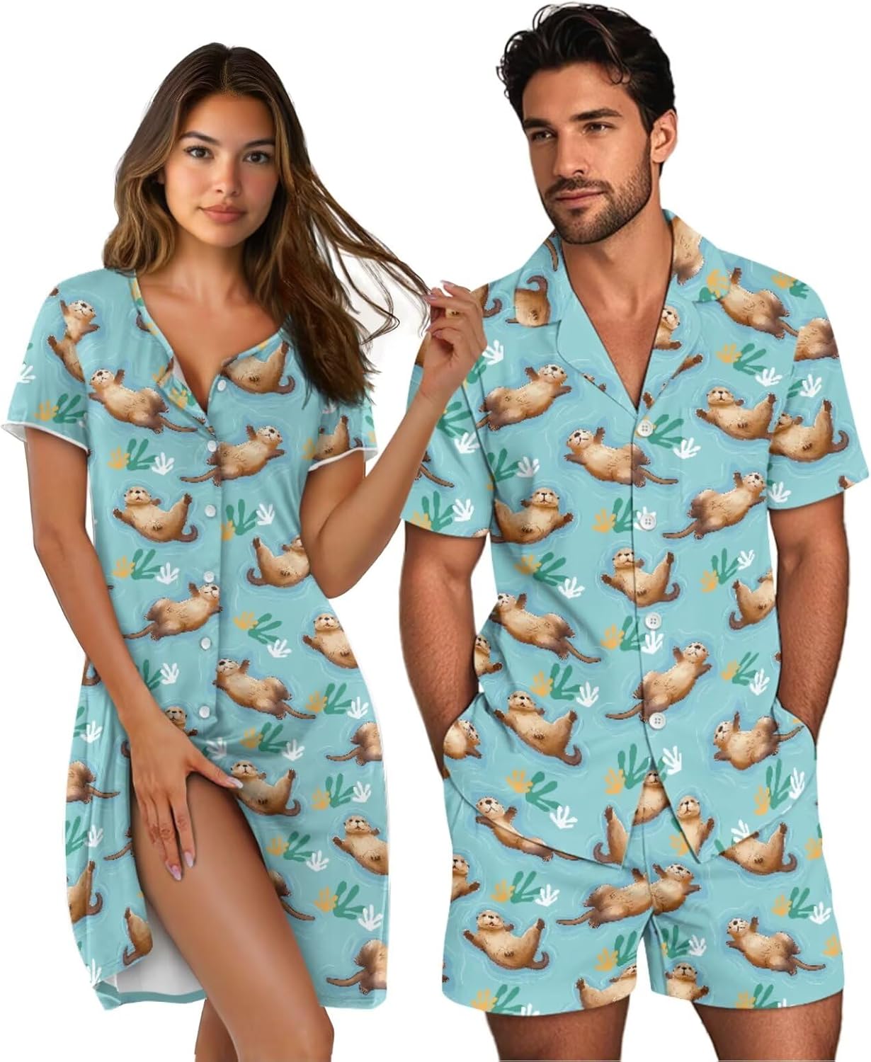 NDISTIN Matching Sleepwear for Couples Loose Casual Night Dress & Sleep Shirts Sleep Pants Button Up Pjs Loungewear