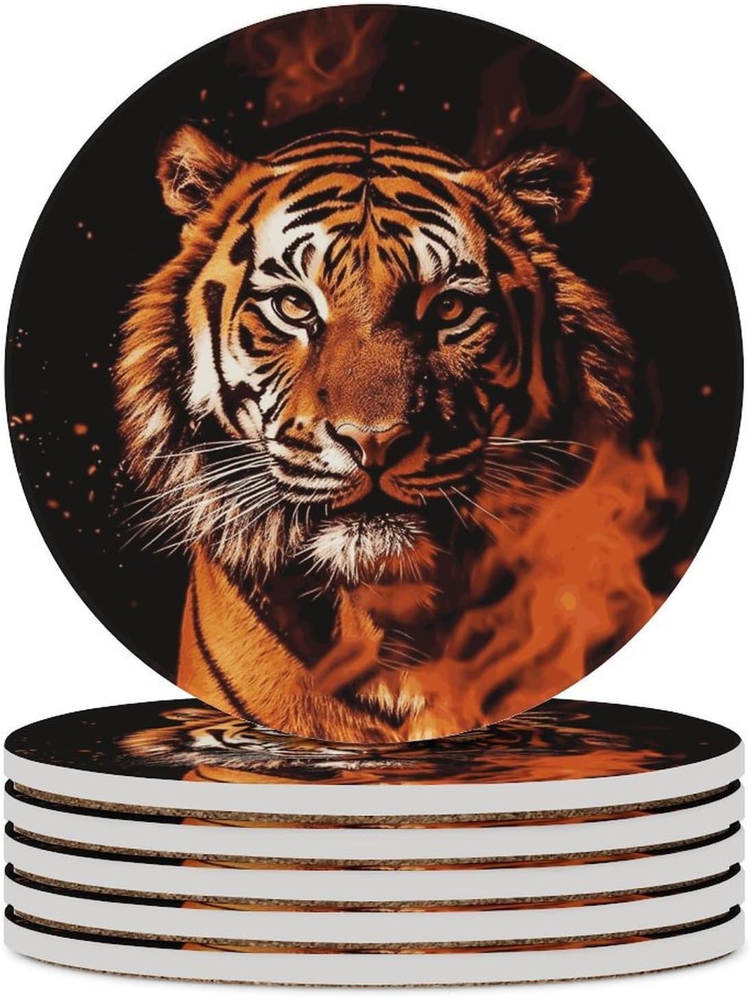 Tiger in Fire Coasters for Drinks Absorbing Round Ceramic Stone Coaster with Cork Base Coffee Cup Beverage Table Cup Mat Modern Style Bar Coaster Set for Home Decor