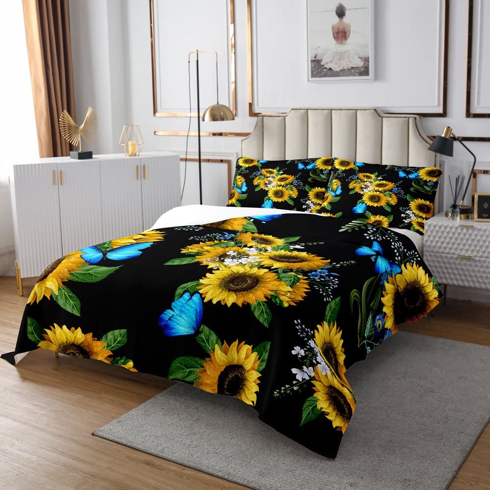 Erosebridal Sunflower Quilt Set Twin,Blue Butterfly Coverlet Set for Girls Women Yellow Blossom Floral Bedspread Set for Children Leaf Botanical Theme Bed Cover Black Aesthetic Room Decor