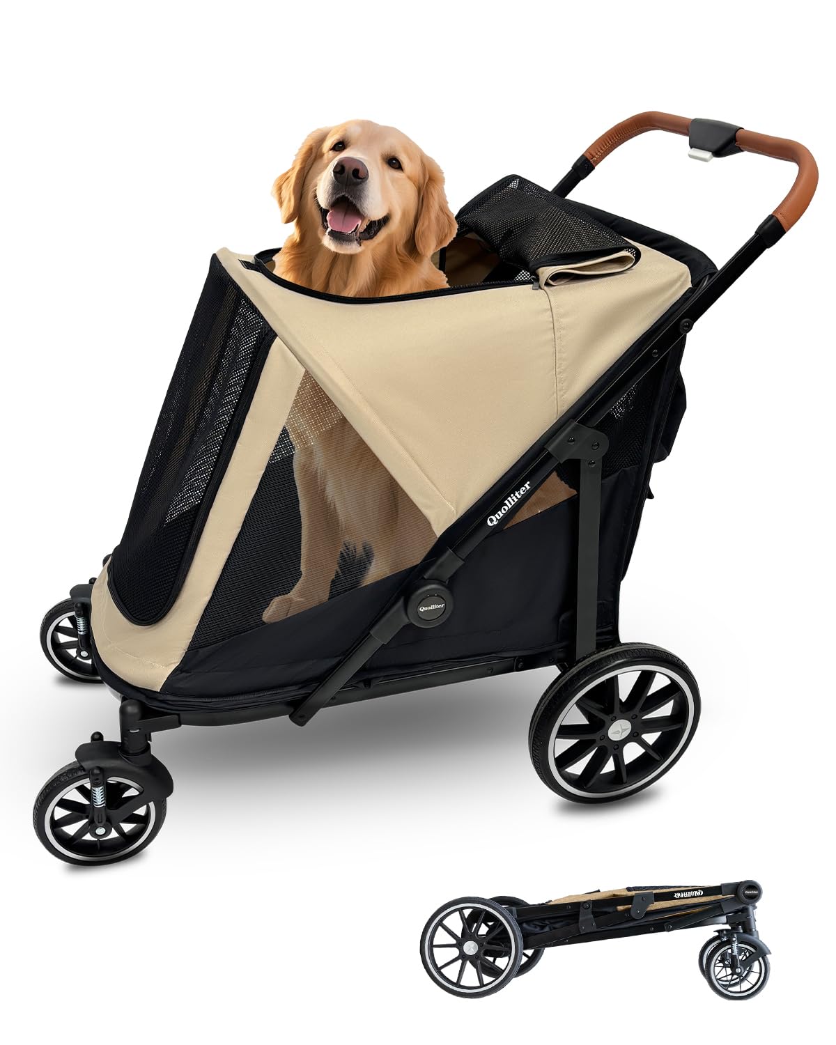 Dog carriage up to 50kg for 2 large dogs | One button folded, 360° wear-resistant rubber wheels, mesh windows, dog stroller