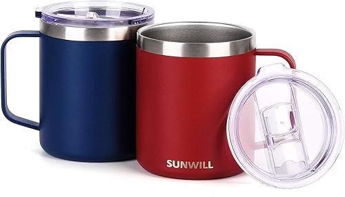 Miniatura 2 de SUNWILL - Taza de café de 14 onzas, 2 unidades, taza de campamento aislada al vacío con tapa, de doble pared, taza de café para exteriores,