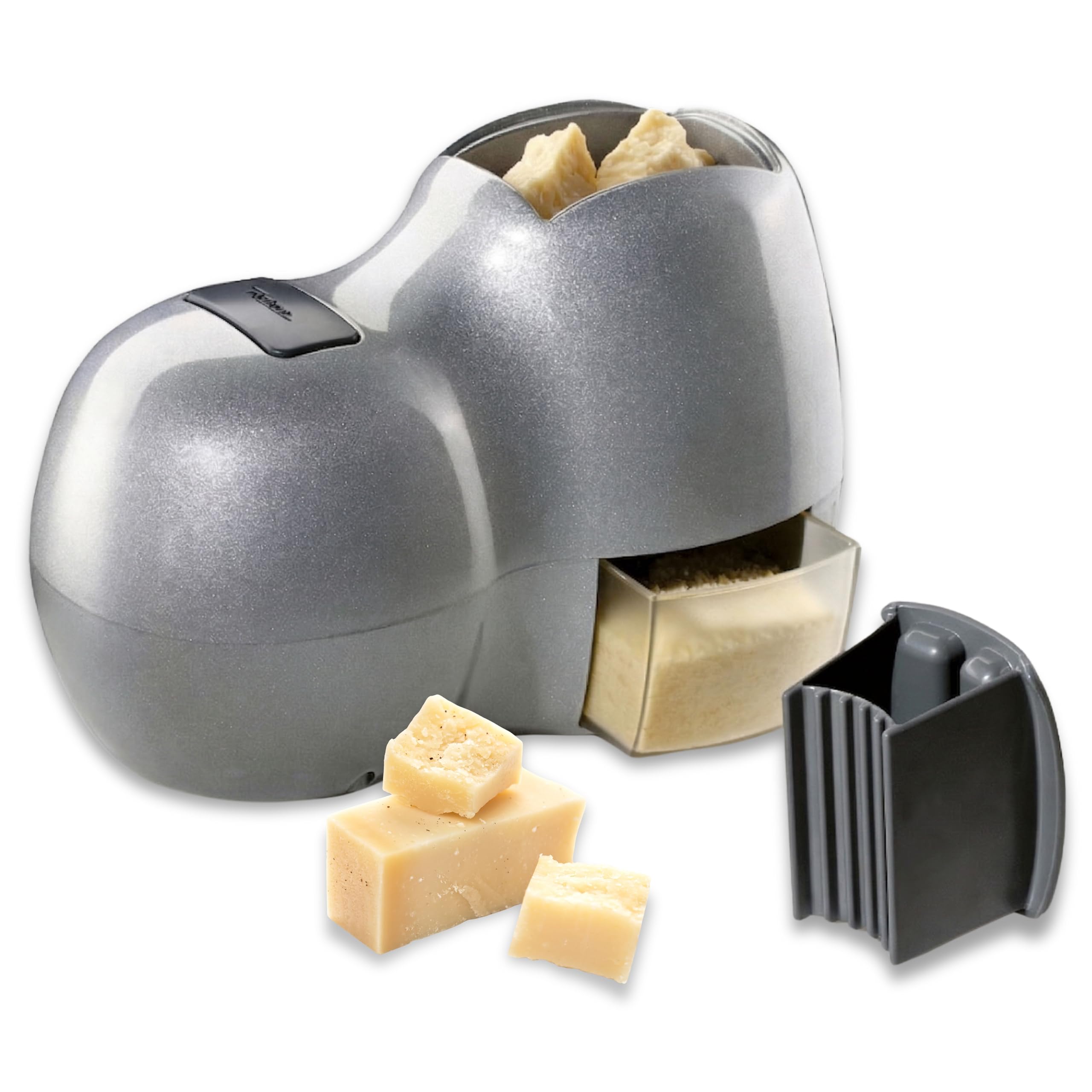 Reber Grattugia Elettrica per Formaggio 140W - Ideale per Parmigiano, Pane Secco, Cioccolato e Frutta Secca - Uso Continuo senza Soste - Facile da Pulire - Fido Silver