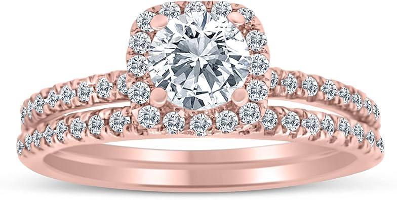1.00 Carat TW Diamond Halo Bridal Set Engagement Ring in 10k Rose Gold H-I, I2