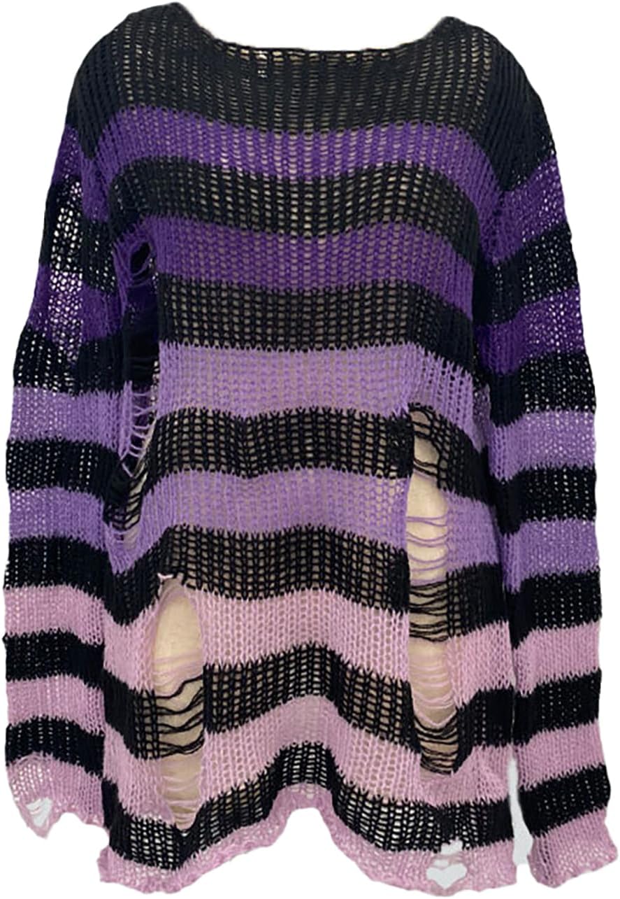 BAIMORE Women's Y2k Grunge Hollow Out Crochet Striped Long Sleeve Ripped Oversized Knit Top