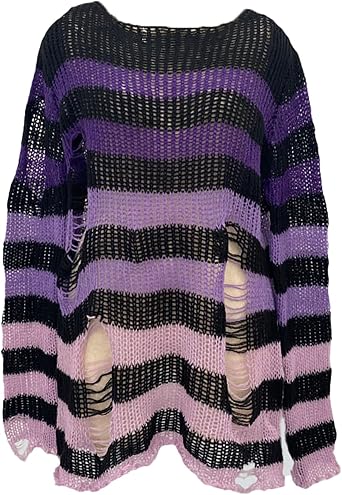BAIMORE Womens Y2k Grunge Hollow Out Crochet Striped Long Sleeve Ripped Oversized Knit Top