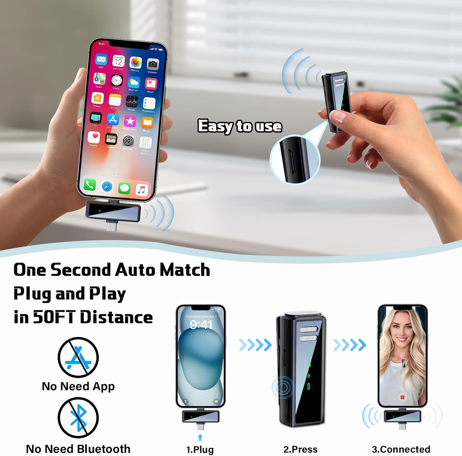 Wireless Lavalier Microphone with Noise Cancellation, 6 Hours of Battery, Wireless Mini Microphone for iPhone, Android, Record Interview, Vlogs