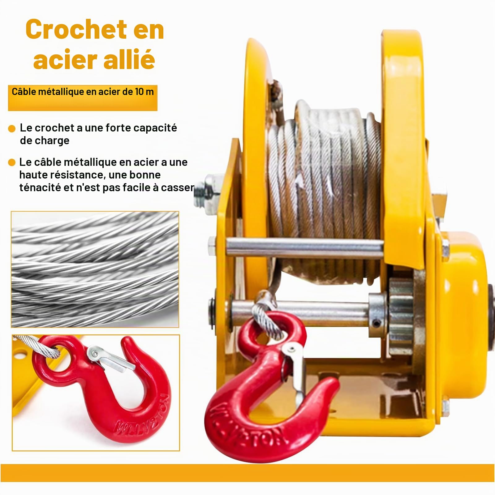 Treuil à Câble Manuel 1200lbs/2600lbs, Treuil Manuel avec Frein Automatique, Multifonction Treuil à Main avec Cable et Crochet, Treuil Manuel pour Remorque de Bateau (1200lbs-10m)