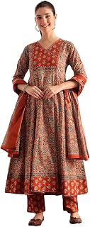 Vbuyz Women's Cotton Kalamkari Print Anarkali Regular Fit Kurta with Pant & Dupatta Price In India