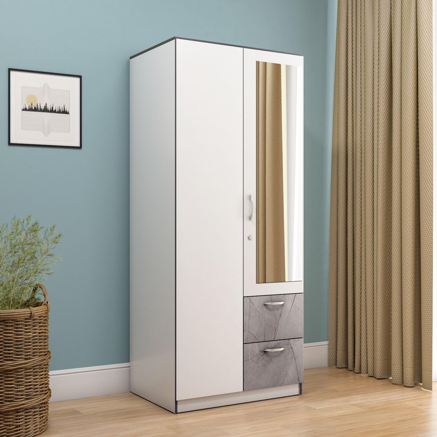 Nilkamal Marbito 2-Door Wooden Wardrobe with Mirror for Bedroom|Engineered Wood Build|Clothes Cupboard|2 Drawers with Marble Finish|Hanging Rod, A Lockable Drawer & 4 Shelves for Storage|Frosty White