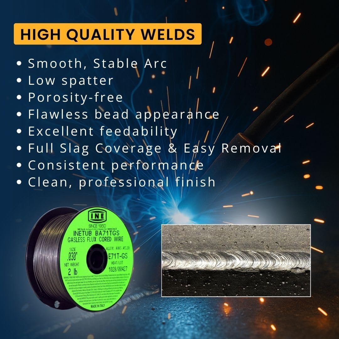 INETUB BA71TGS Flux Core Welding Wire .030" — 2 lb Spool | Made in Italy | Gasless Self-Shielded Wire for Outdoor Welding, Auto Body & DIY Repairs — AWS E71T-GS