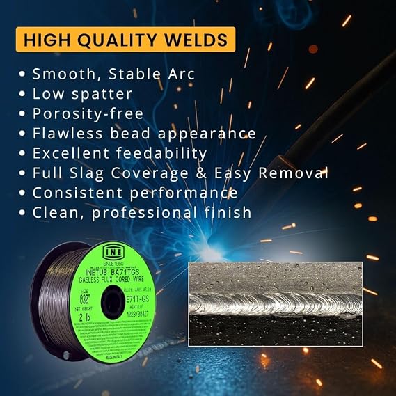 INETUB BA71TGS Flux Core Welding Wire .030 2 lb Spool | Made in Italy | Gasless No Gass Self-Shielded Wire for Outdoor Welding, Auto Body & DIY Repairs AWS E71T-GS