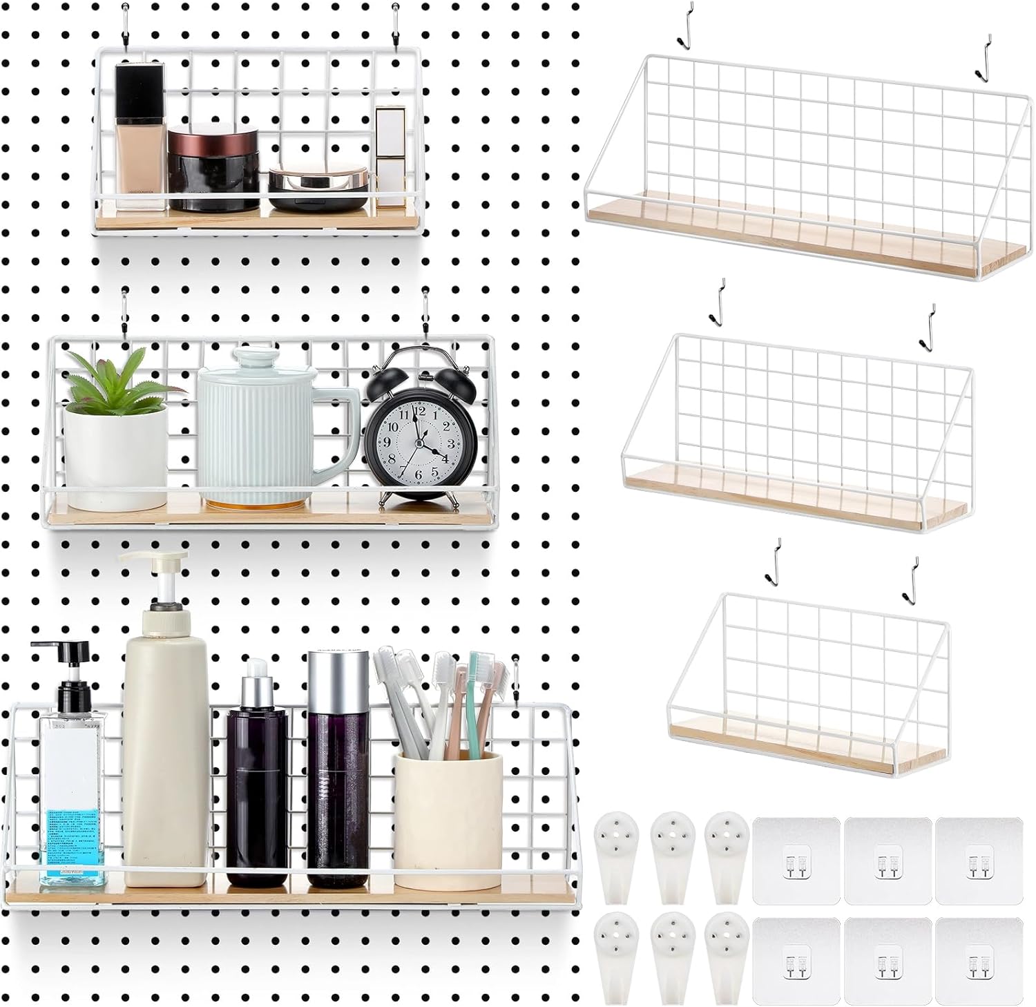 Roowest 3 Sets Metal Pegboard Shelves with Steel Peg Board Brackets and Hooks Wall Organizer Storage Display Tray Accessories for Craft Room Home Office Garage Nursery Workbench Kitchen(White)