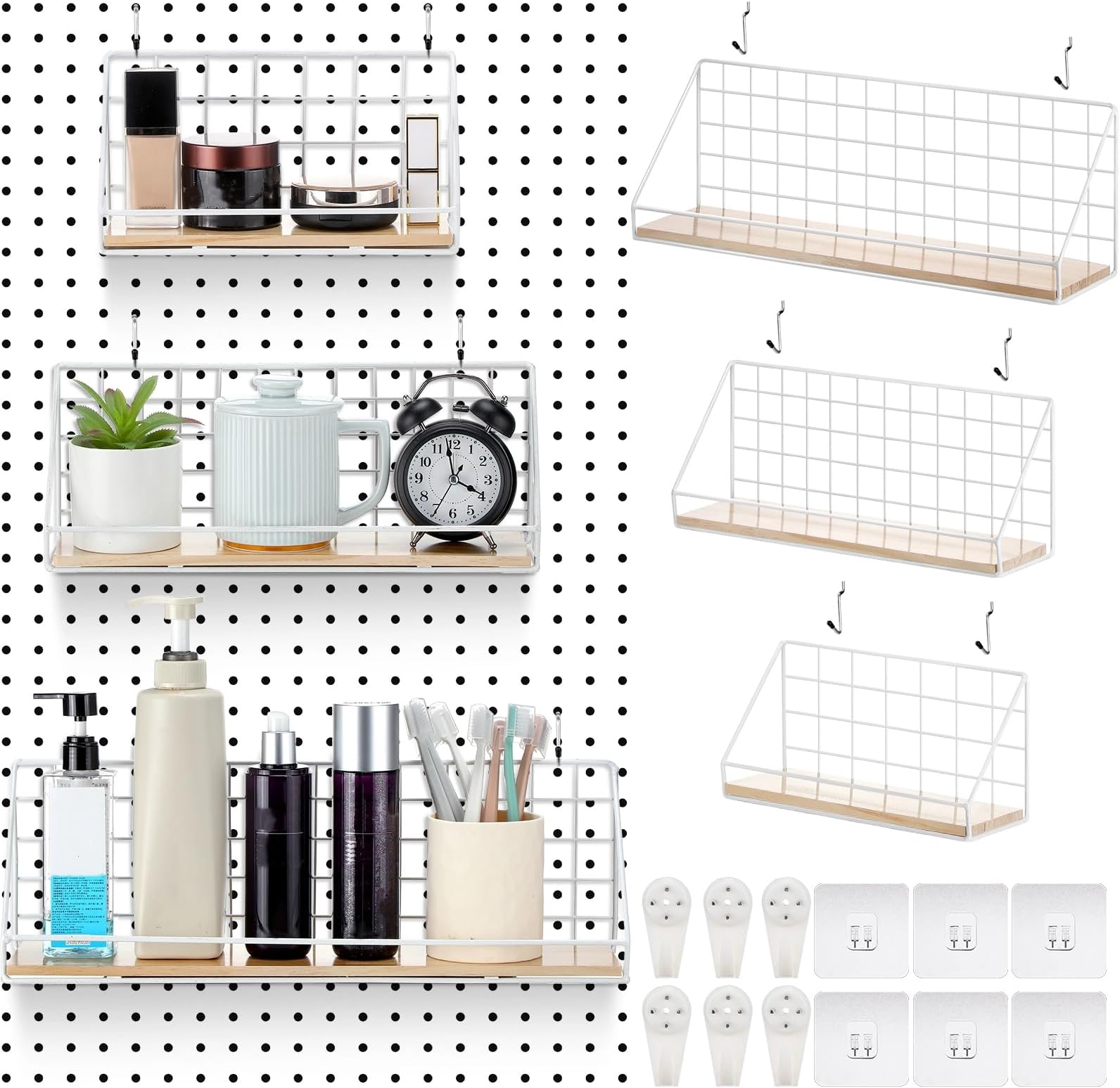 Roowest 3 Sets Metal Pegboard Shelves with Steel Peg Board Brackets and Hooks Wall Organizer Storage Display Tray Accessories for Craft Room Home Office Garage Nursery Workbench Kitchen(White)
