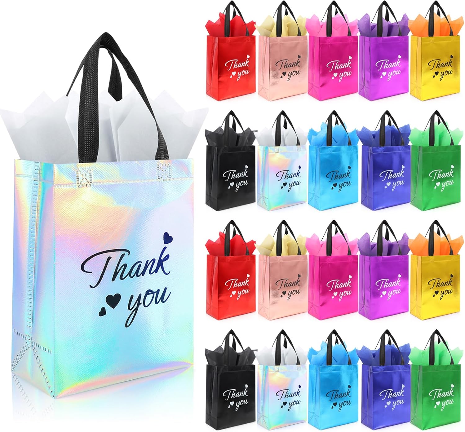 Addblu 120 Pcs Reusable Gift Bags with Handles - Includes 40 Thank You Gift Bags, 40 Tissue Papers, 40 Cardboard Bases for Employee Appreciation Gifts Bulk, Team, Staff, Teachers, Coworkers, Business (Mix Color, 40PCS)