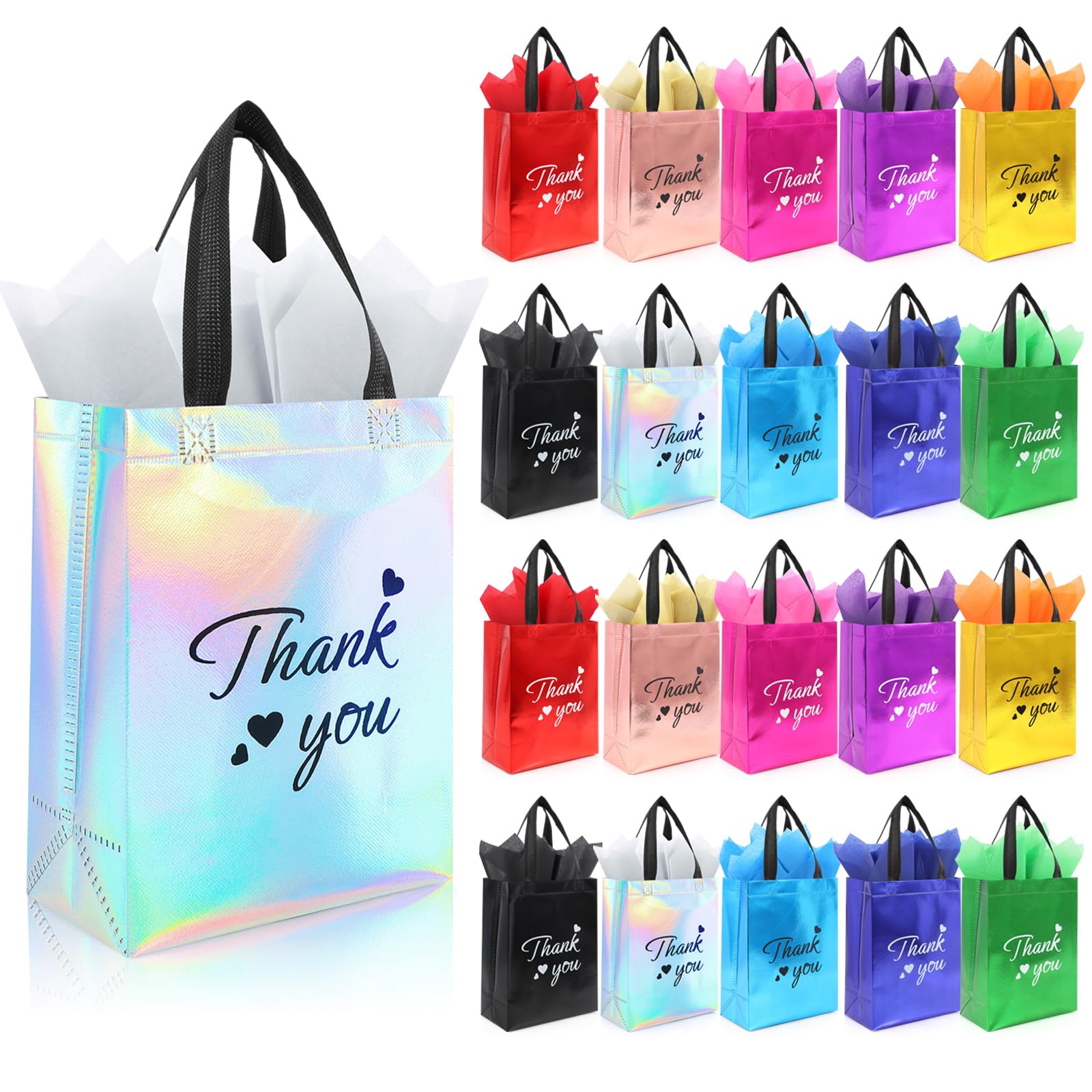 Addblu 60 Pcs Reusable Gift Bags with Handles - Includes 20 Thank You Gift Bags, 20 Tissue Papers, 20 Cardboard Bases for Employee Appreciation Gifts Bulk, Team, Staff, Teachers, Coworkers, Business (Mix Color, 20PCS)