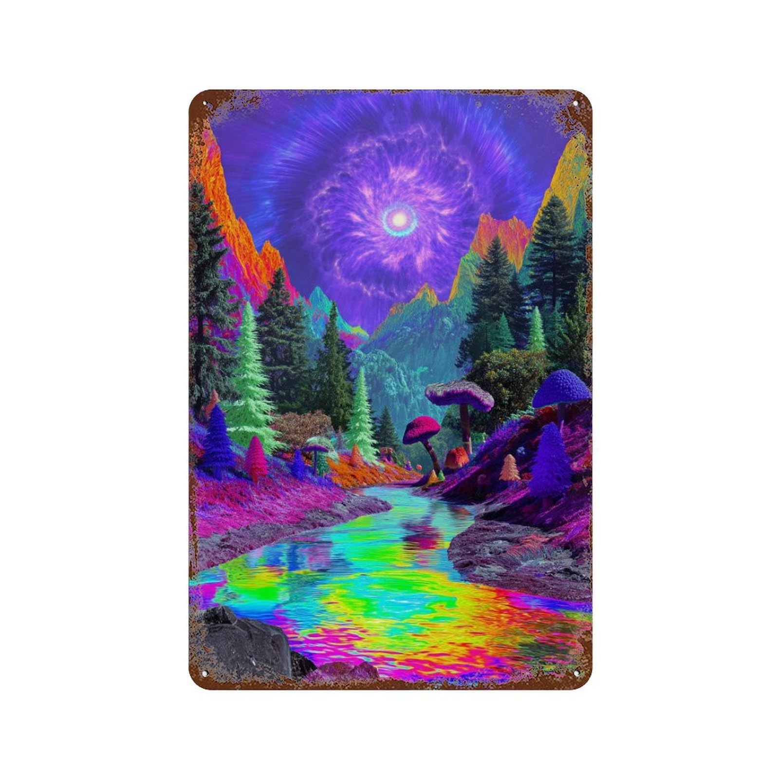 Rust Effect Psychedelic Forest Stream Rusty Metal Tin Sign 11.8"x7.9", Farmhouse Wall Decor for Cafe, Home Bar And Lounge Decor