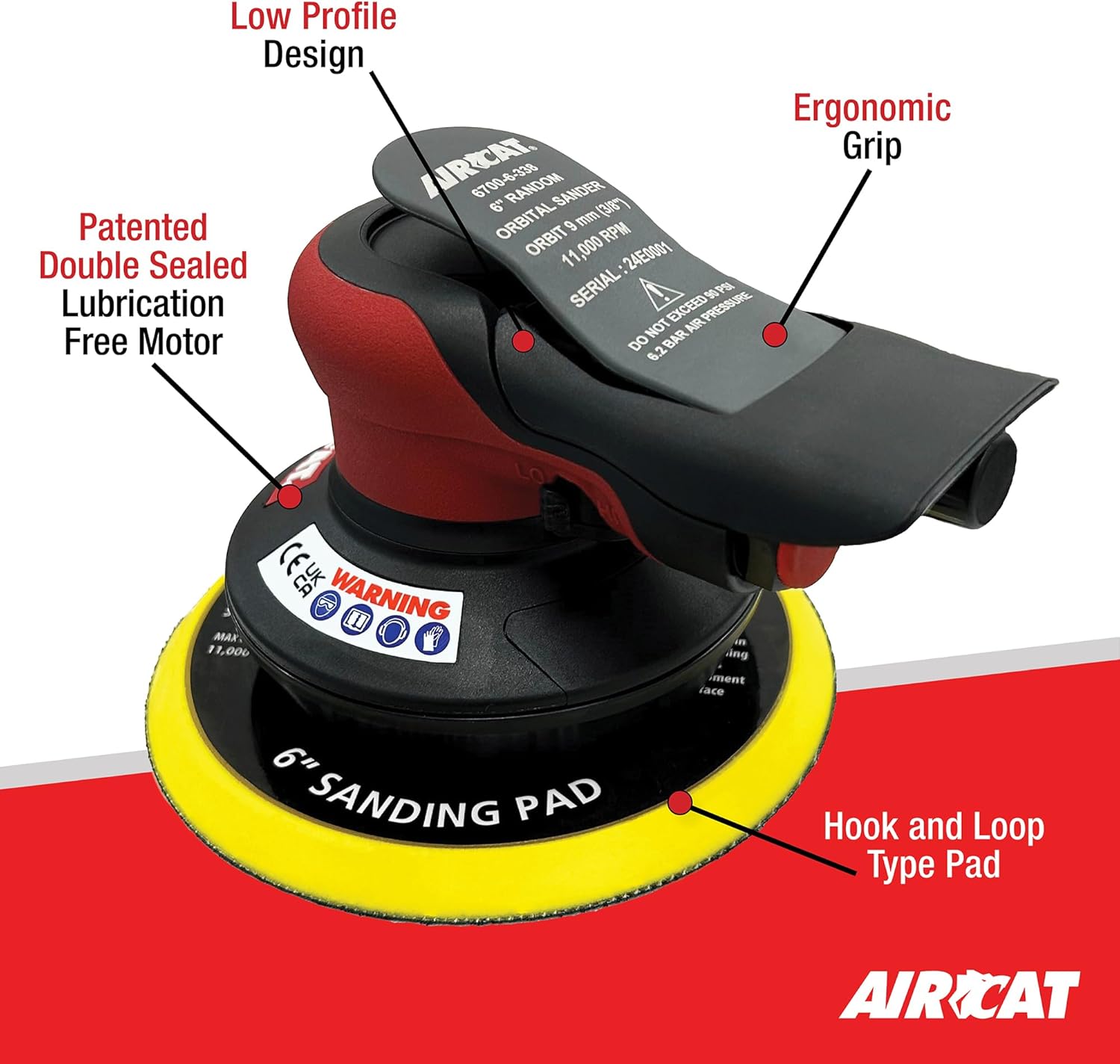 AIRCAT Pneumatic Tools 6700-6-338 6" Palm Sander 3/8" Orbit 11,000 RPM