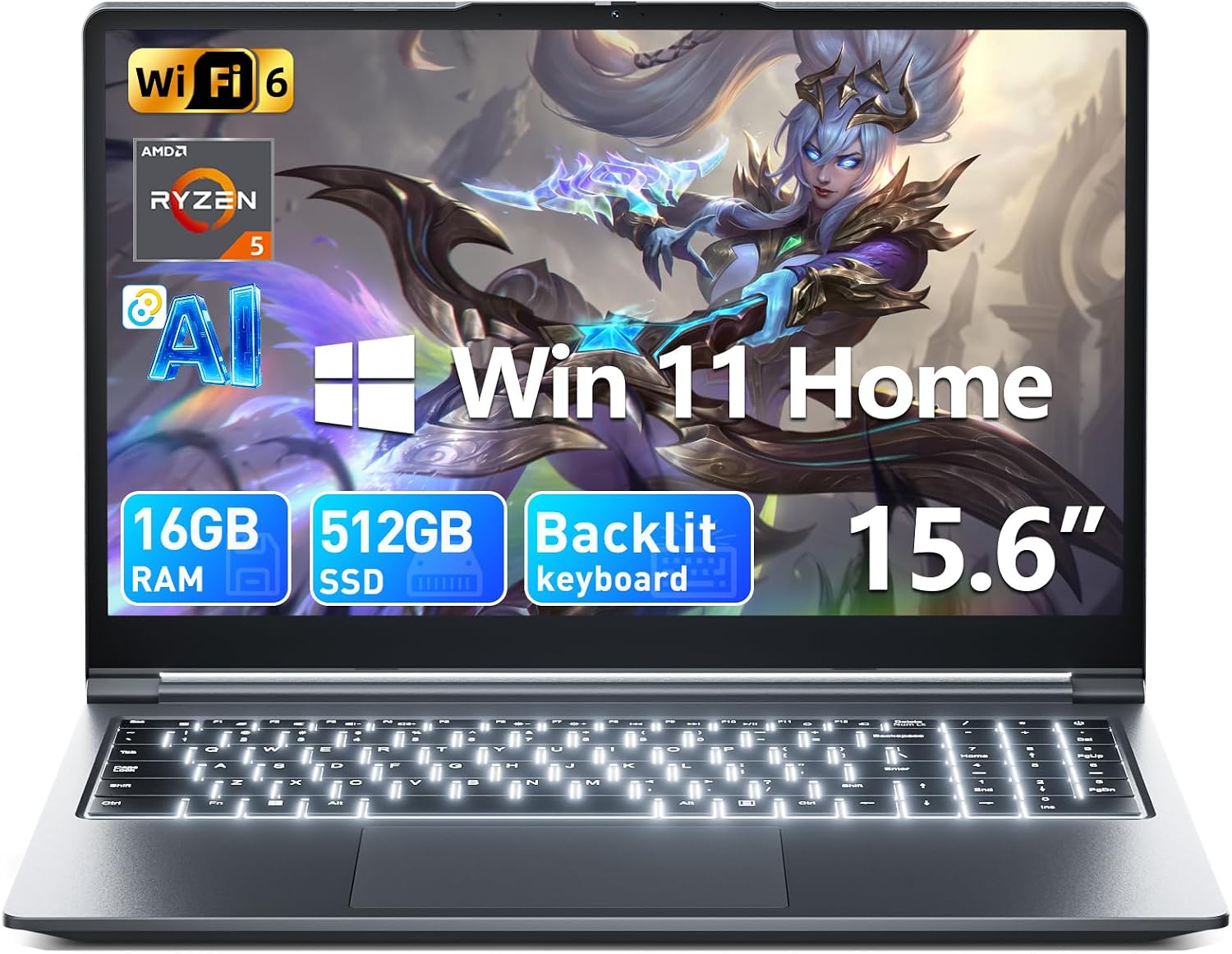 15.6 Inch Computer Laptop, AI Software AMD Ryzen 5 Processor (Up to 3.6GHz), 16GB DDR4 512GB SSD Windows 11 Laptop with Backlit Keyboard Ordinateur Portable, Full-Featured Type-C