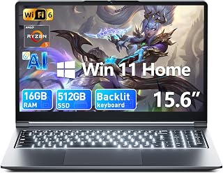 15.6 Inch Computer Laptop, AI Software AMD Ryzen 5 Processor (Up to 3.6GHz), 16GB DDR4 512GB SSD Windows 11 Laptop with Backlit Keyboard Ordinateur Portable, Full-Featured Type-C