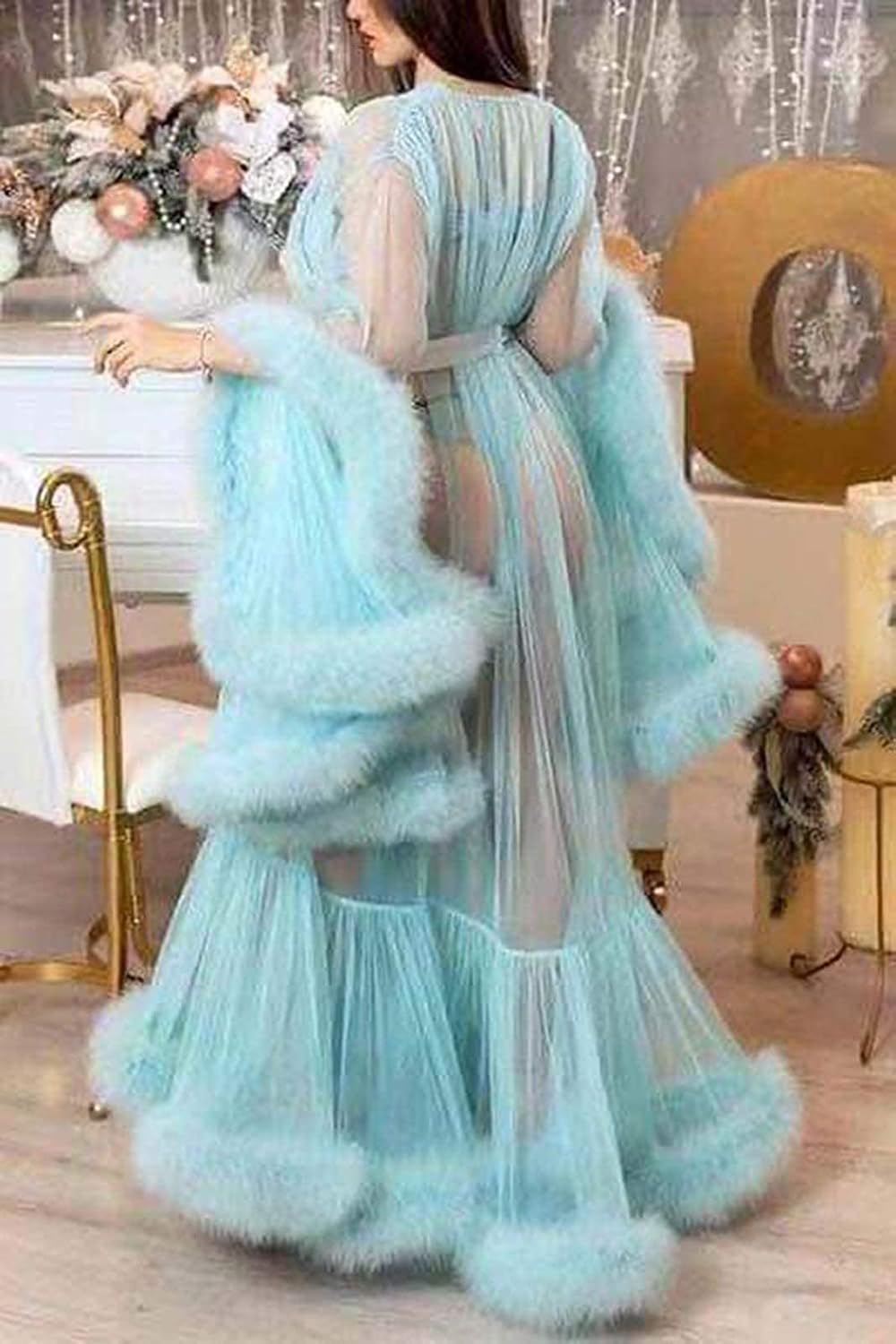 Women Plus Size Lingerie Dress See-Through Sexy Feather Dress Feather Trim Tulle Lotus Leaf Long Sleeve Dressing Gown Nightwear Long Lace Dress Kimono Night Dress Pink One Size