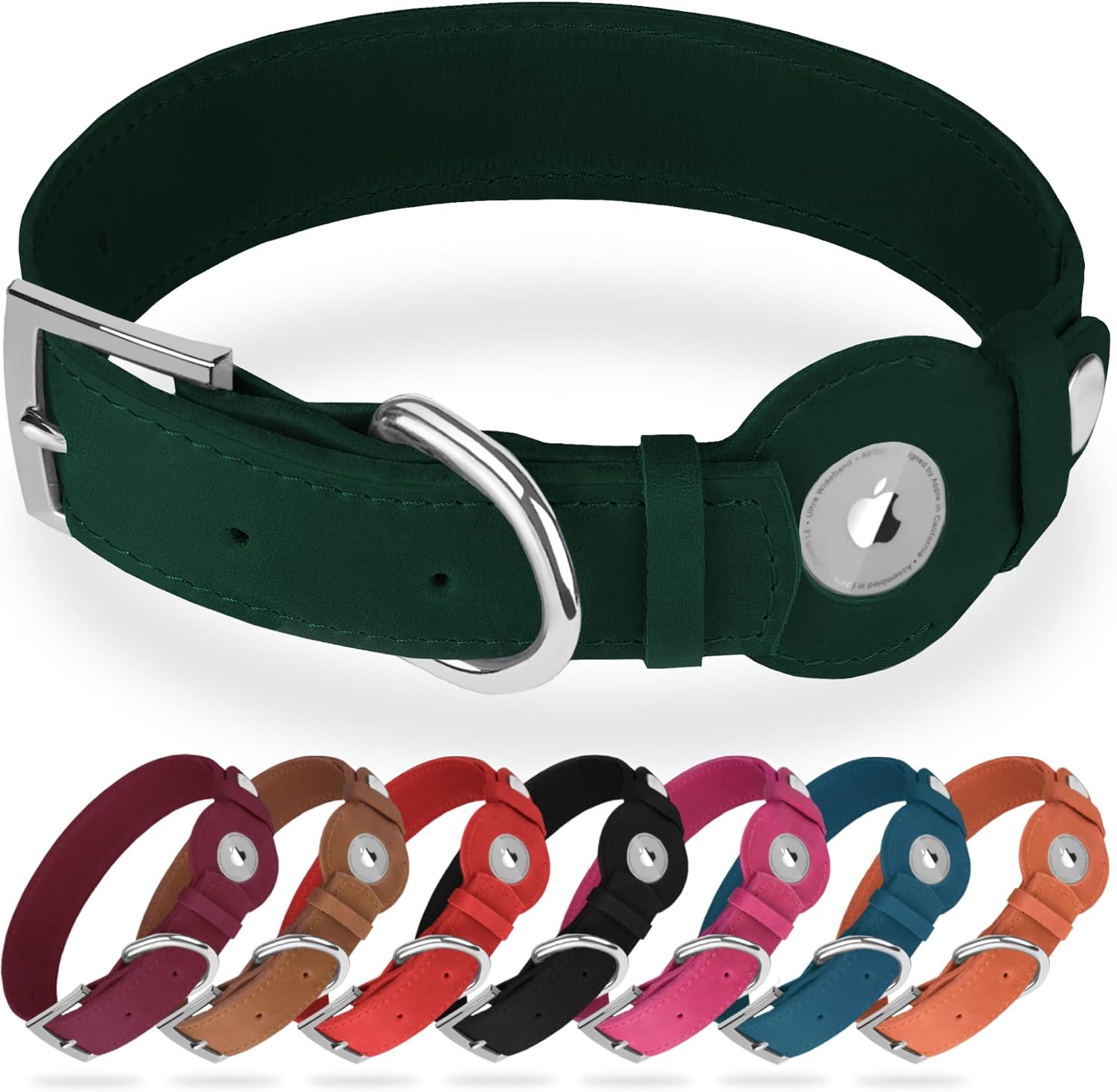 Leather Dog Collar with Airtag Holder - Apple Air Tag Dog Collars - Soft Tracking GPS Pet Collar for Small Medium Large Dogs Breed Puppy (Green, XL, 19"-24" Neck Fit)