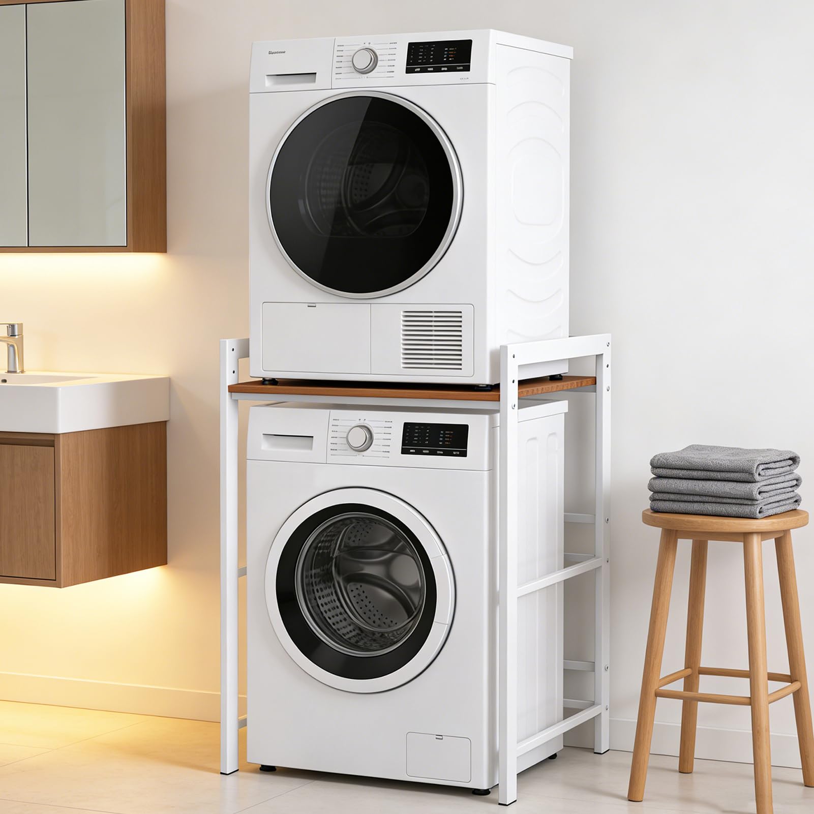 Torre Lavadora Secadora, Kit de Apilado, Estanteria Lavadora, Mueble para Secadora, Soporte, Ajustable en Altura de 3 Niveles, 300 Kg de Carga Blanco