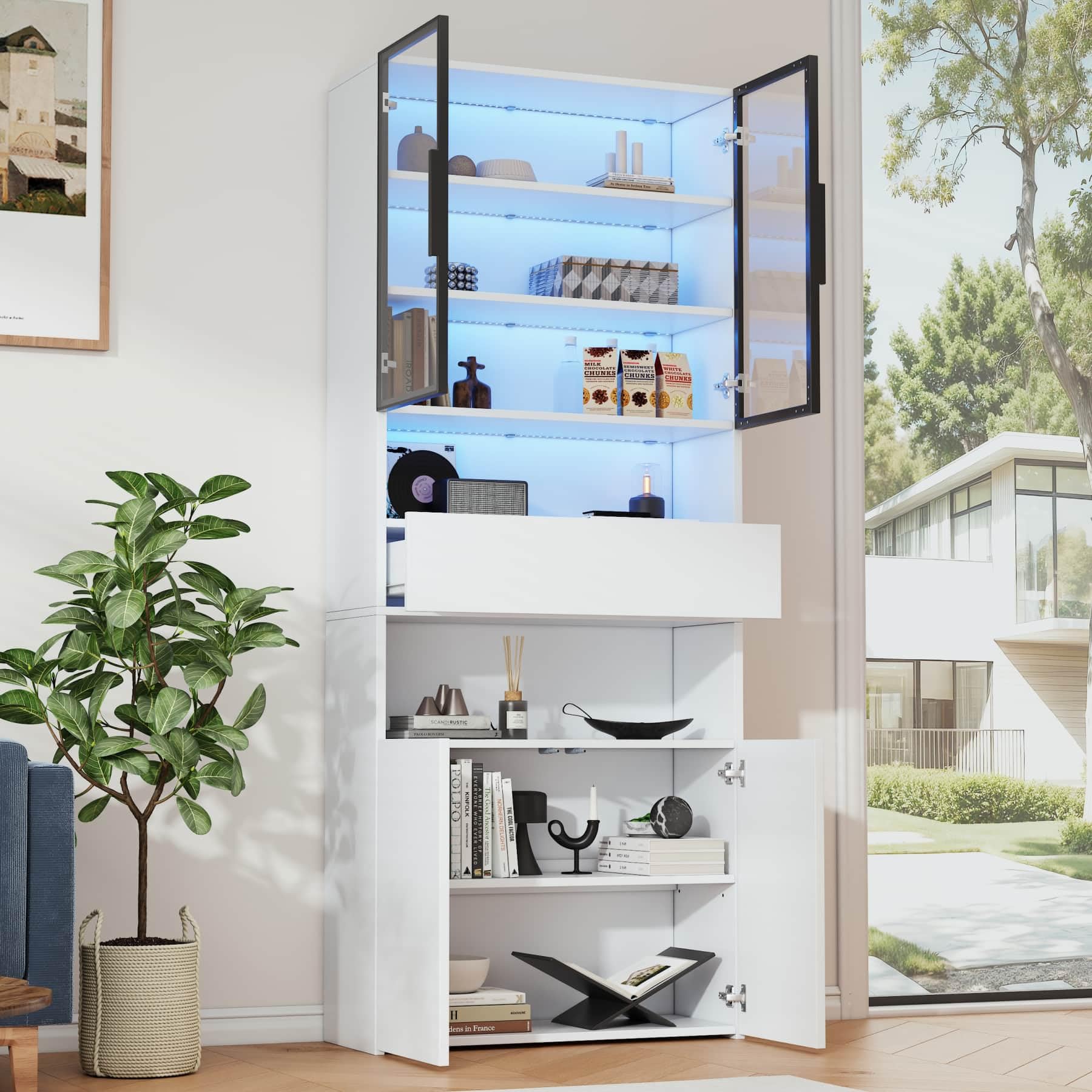 YEHTOKHOME Vitrina con LED y 2 puertas de cristal (blanco) | Cajón, estantes ajustables, biblioteca para libros y colección, para salón, dormitorio u oficina