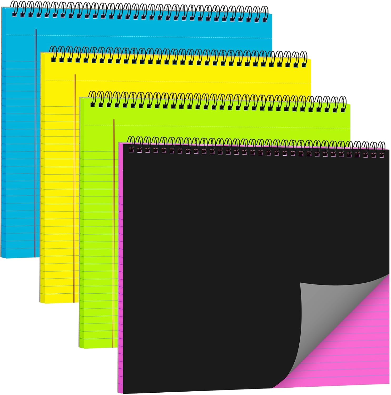 MotiMind 4 Pcs Legal Pads Landscape Notebooks Hole Punched Top Spiral Bound Notebooks 11 x 9.5 Inch College Ruled Drawing Notepad Tear Line for Removal 50 Sheet Office Steno Book(Neon)