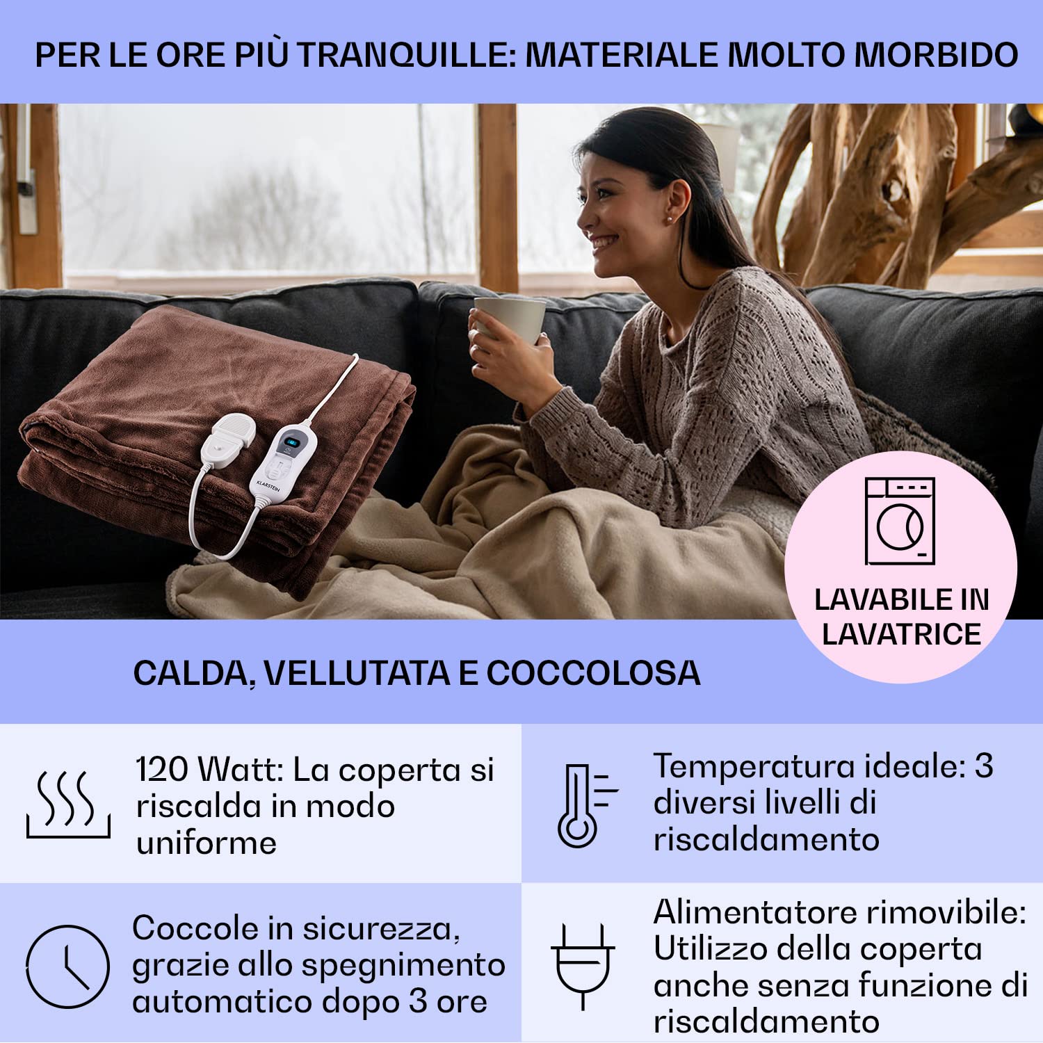 Klarstein Scaldasonno Matrimoniale XL, Coperta Termica Elettrica 180 x 130 cm, Scaldaletto Matrimoniale Elettrico 3 Livelli di Temperatura, Lavabile in Lavatrice, Coperta Elettrica per Letto e Divano