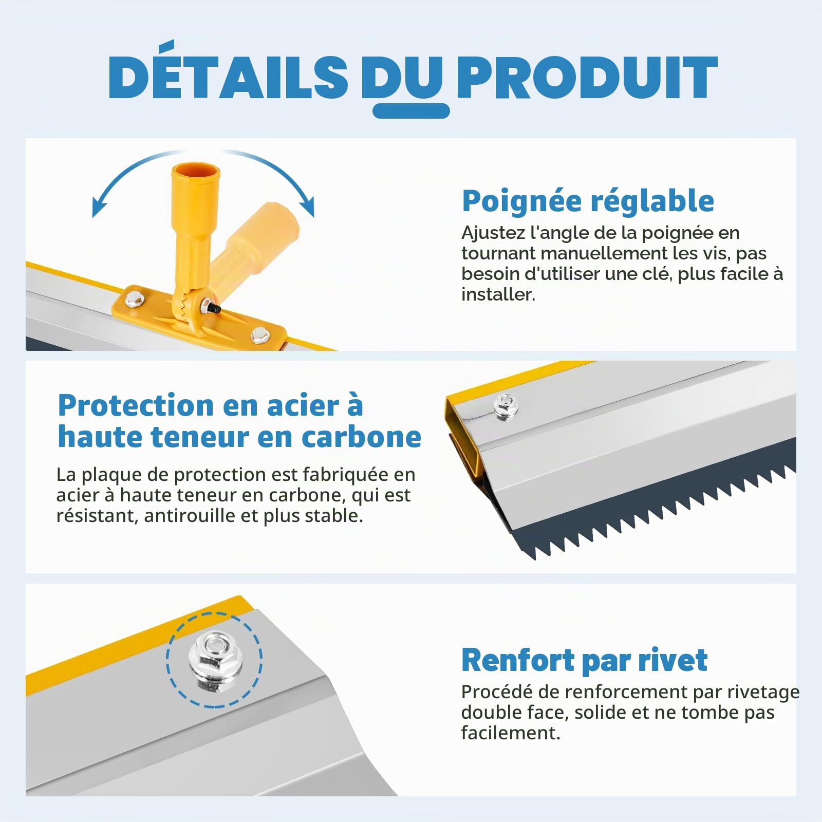 MXBAOHENG Raclette Dentée Aciers Inoxydables 56cm Lames de rechange avec dents de 3 mm & 5 mm de hauteur Perche Telescopique 160 cm Rouleau Debulleur Ragreage