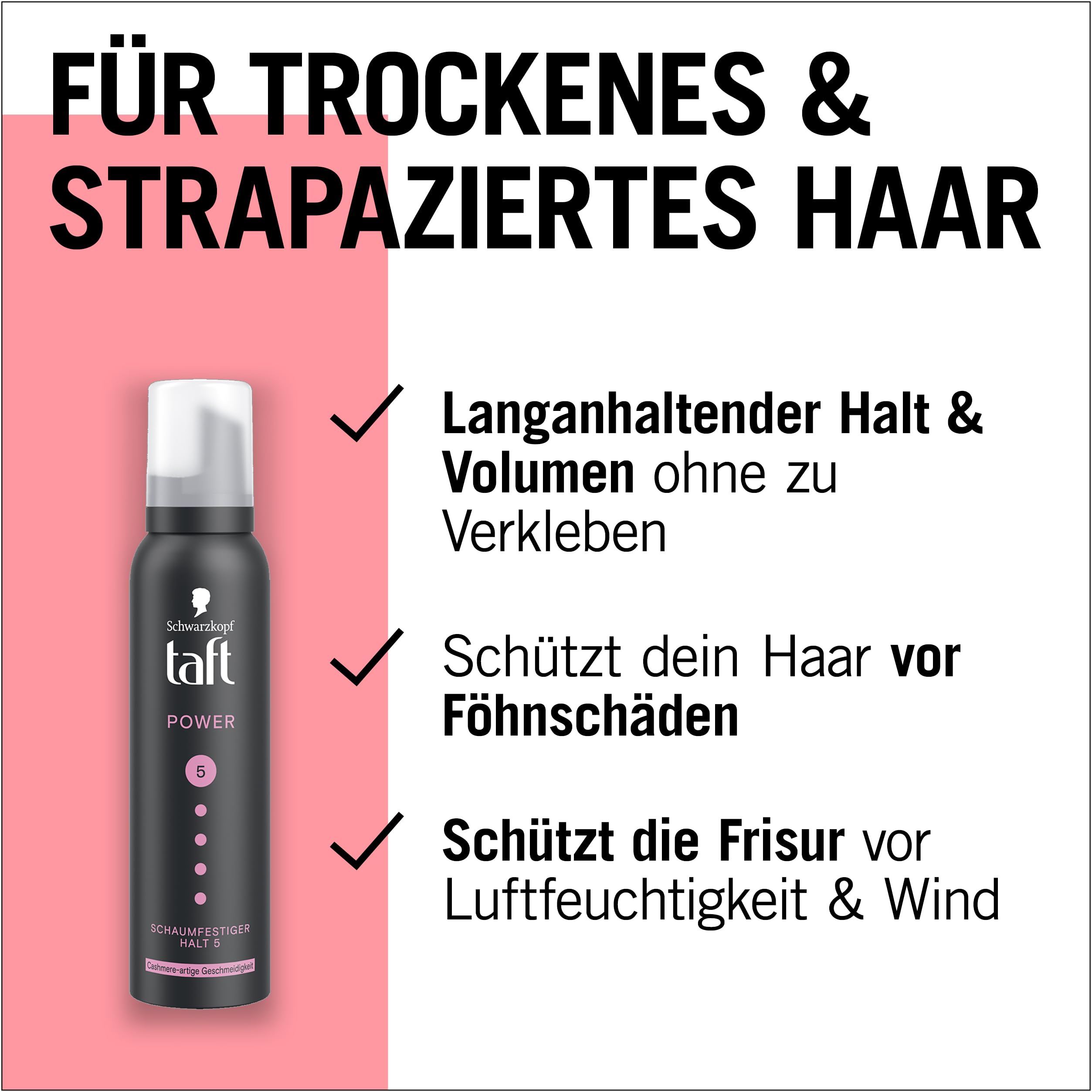 Schwarzkopf TAFT Power Cashmere - Espuma fijadora (6 x 150 ml), grado de sujeción 5, espuma para cabello seco y dañado, mousse para el cabello con suavidad cachemira, fórmula vegana