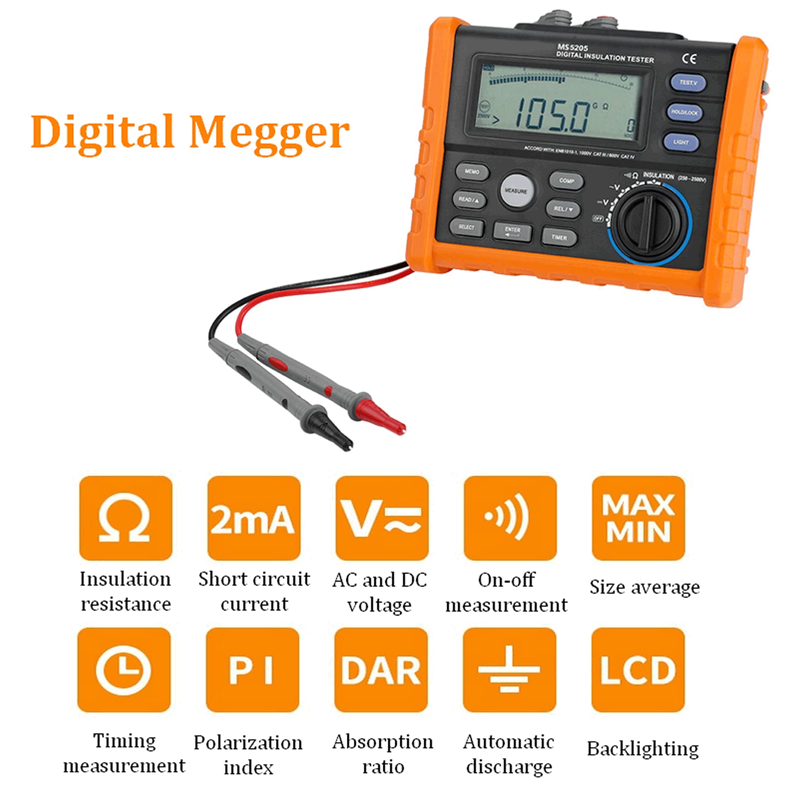Digital Insulation Tester, Digital Widerstandsmessgerät Isolationsmessgerät Widerstandstester Digital widerstand Meter Multimeter Schleife Widerstand Tester,0.01MΩ-100GΩ,viel Zubehör