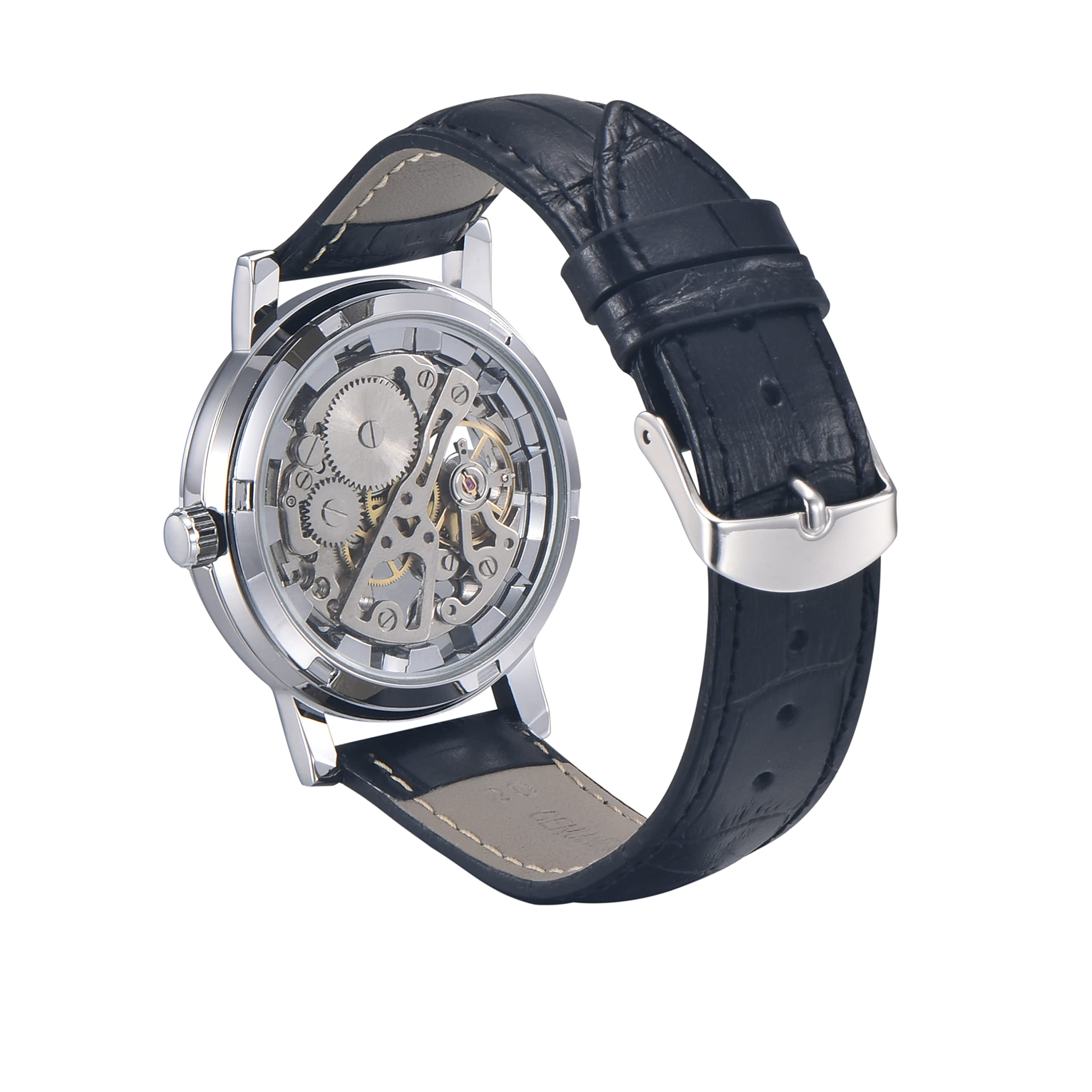 ShoppeWatch Manual Wind Up Wrist Watch | Steampunk Hand Watch Men with Gears Exposed | Skeleton Mechanical Transparent Watch for Men and Women Unisex Black Leather Band MW-07