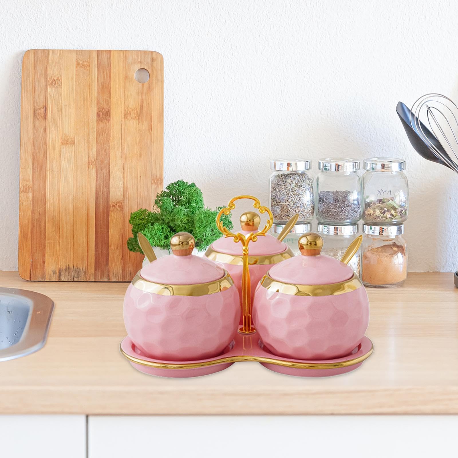 3 Tarros de Cerámica para Especias Y Condimentos, Ideales para Restaurantes, Cocinas Y Encimeras (Color Rosa), Rosa, Individual