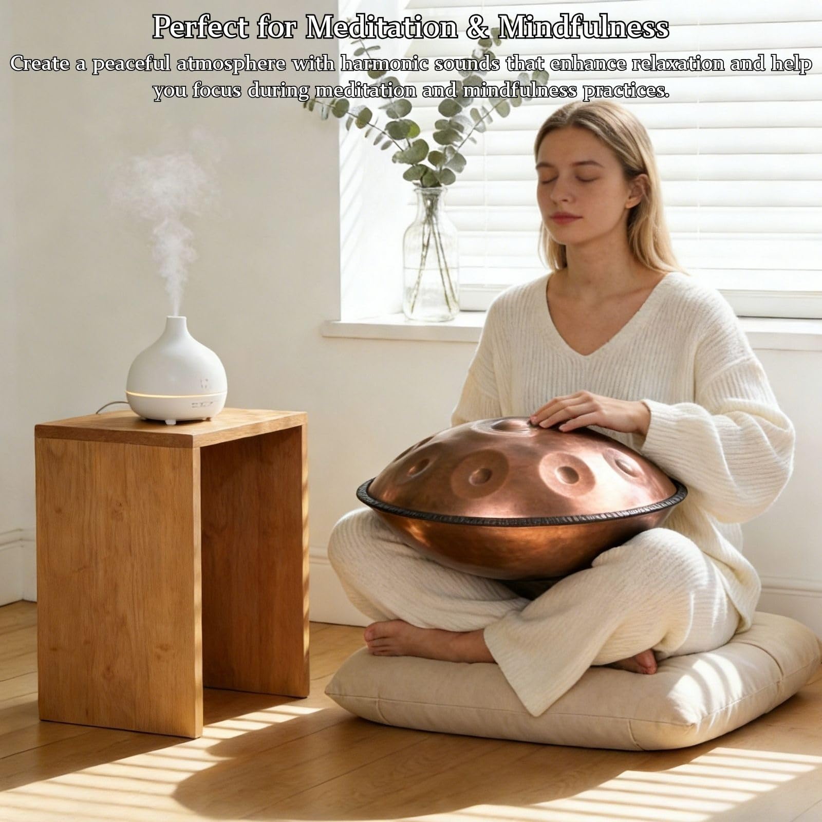 Handpan 9/10/12 Note Re Minore Tamburo in Acciaio per Adulti Handpan 440Hz/440Hz 22 Pollici Tongue Drum per Meditazione Principianti con Borse Bacchette Tripode(Silver2,440HZ/10 Note)