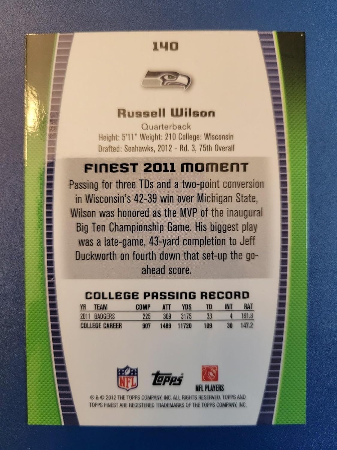 Russell Wilson 2012 TOPPS FINEST ROOKIE RC #140 SEATTLE SEAHAWKS! - Football Cards