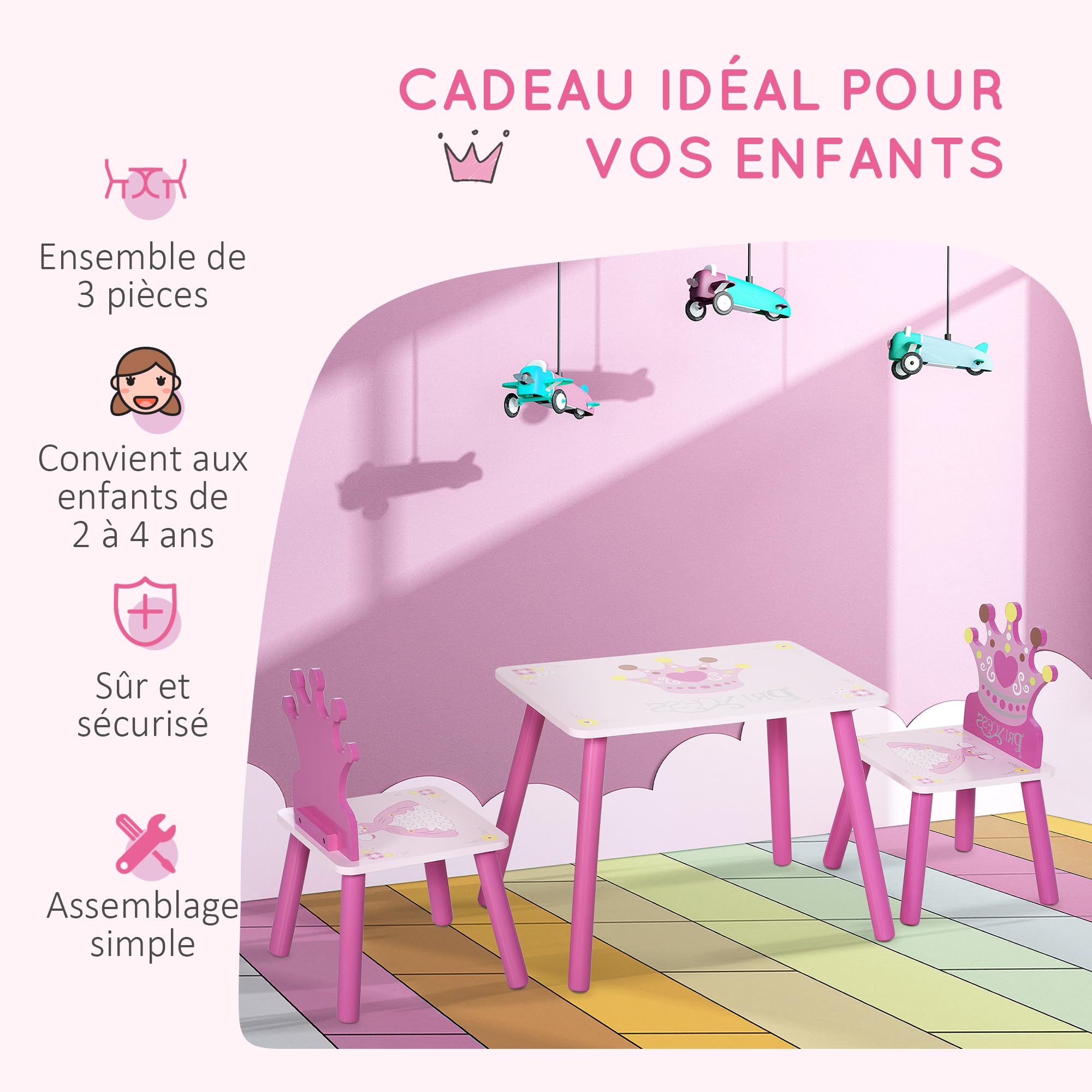 HOMCOM Lit Enfant Design Princesse Motif Couronne Sommier à Lattes Rose