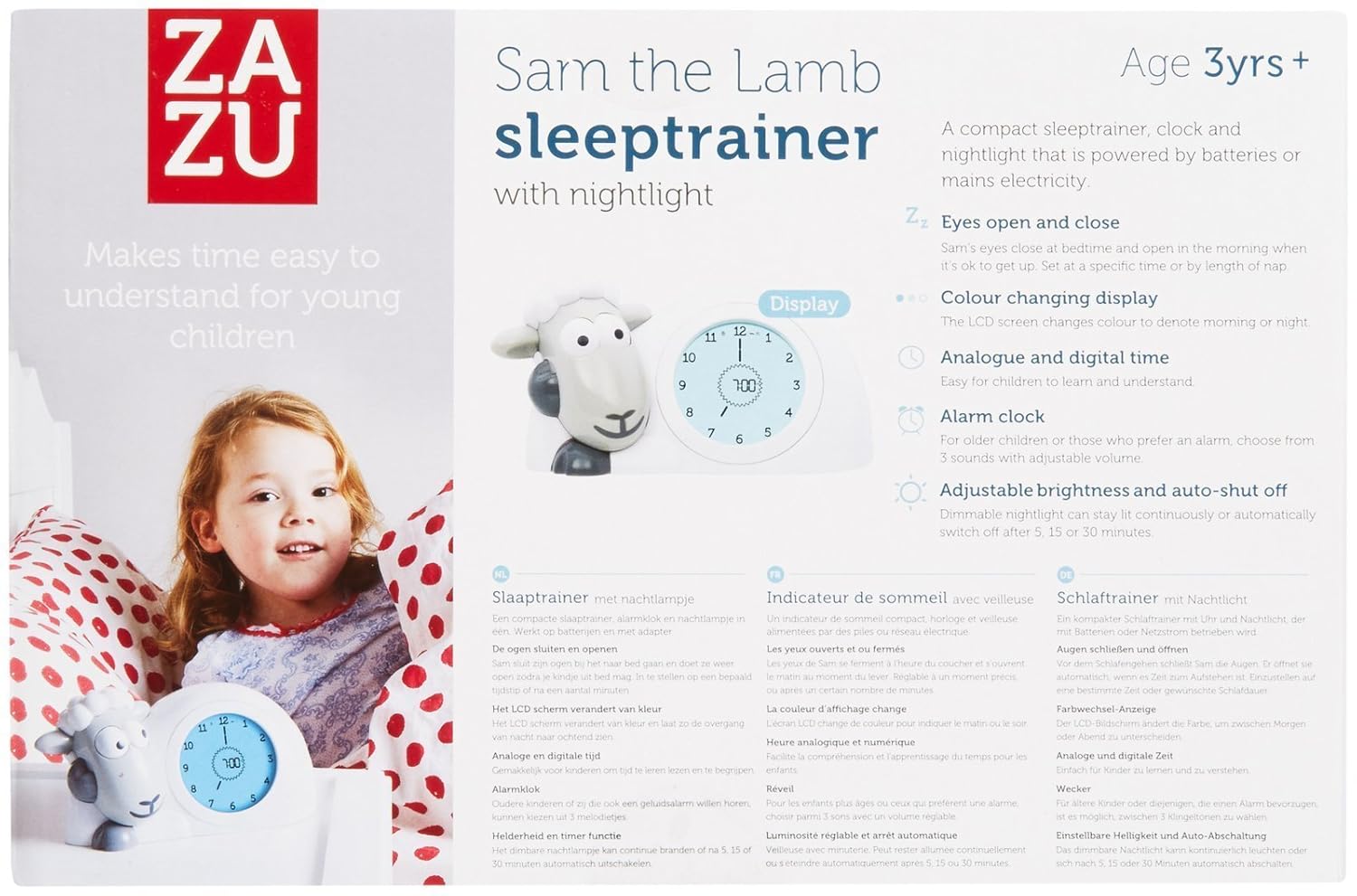 Zazu Kids Sam Sleep Trainer packaging highlighting features like eyes open/closed, color changing display, alarm clock, and adjustable brightness.