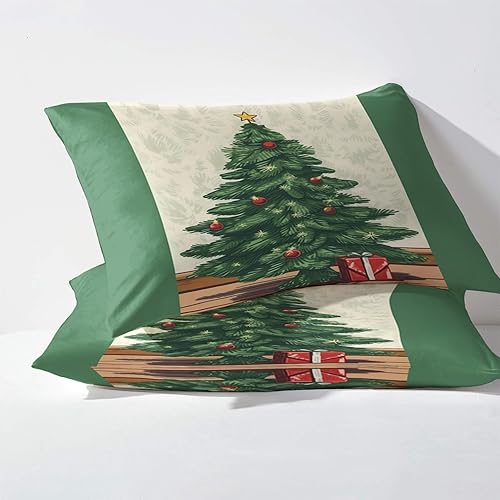 Miniatura 3 de Sábanas para árbol de Navidad, tamaño individual, sábanas de Navidad con patrón verde, juego de 3 piezas, sábana bajera ajustable de microfibra