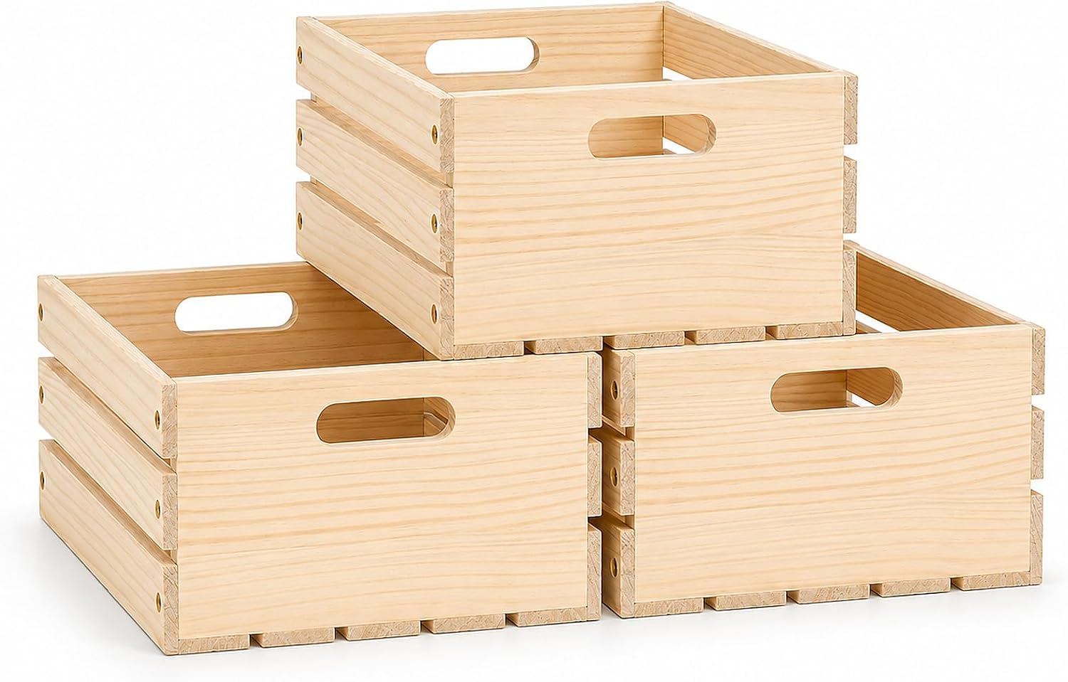3 Pack Wooden Crate for Storage with Handles, Natural Pine, Simple Assembly