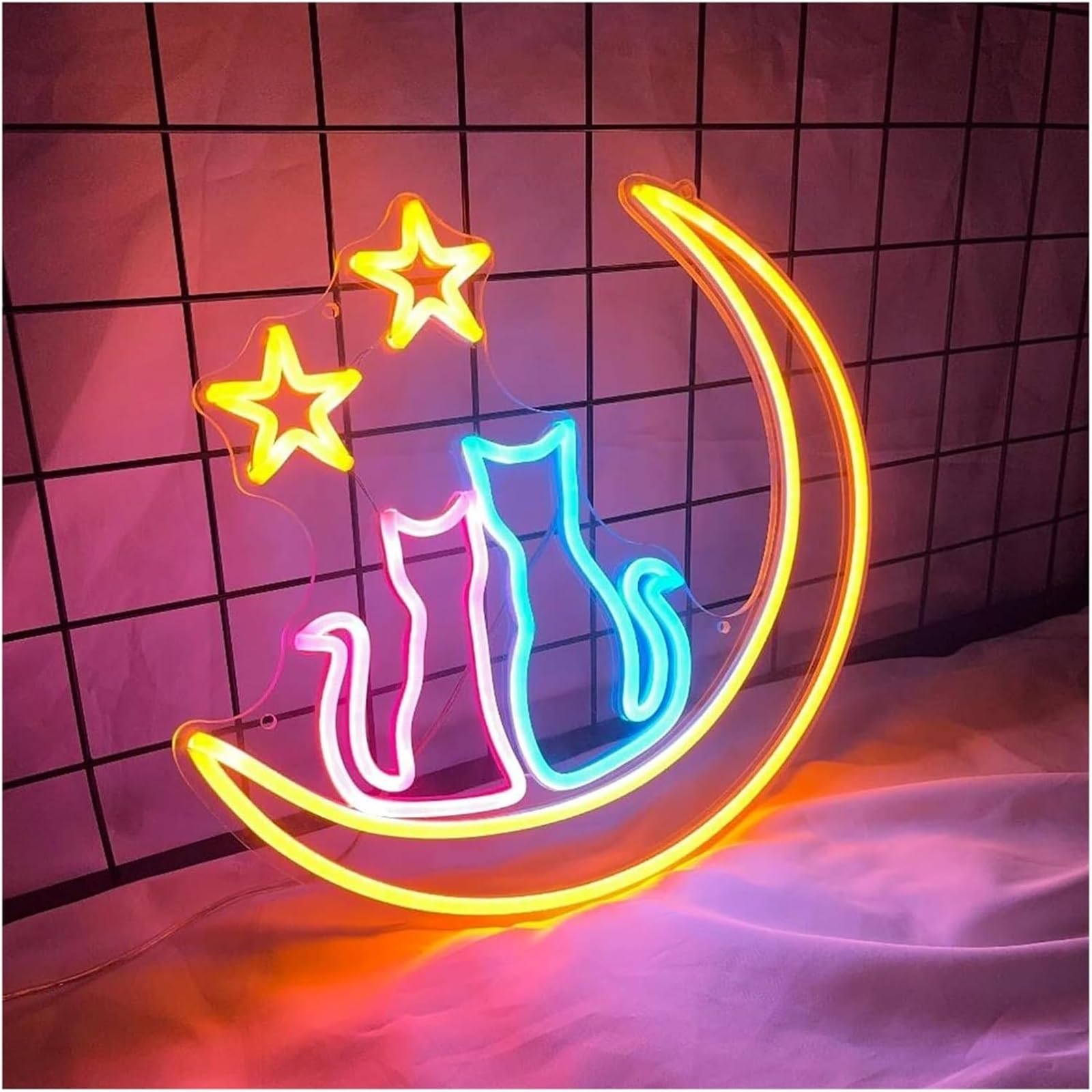 Luces de neón Lámpara de neón con ambiente relajante luz para luna y estrellas para amantes los gatos para habitación infantil