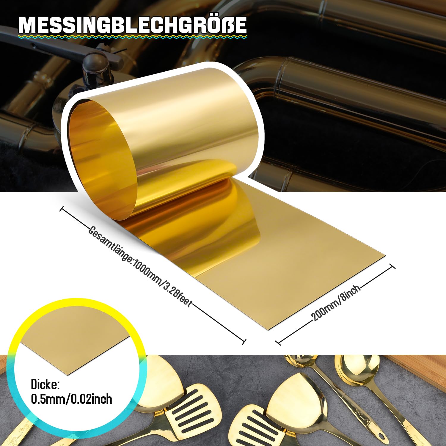 Messingblech, Messingplatte Goldfolienbleche Messingblechrolle 1000mm x 200mm x 0.5mm für Kunsthandwerk, elektrische Reparaturen, DIY-Projekte