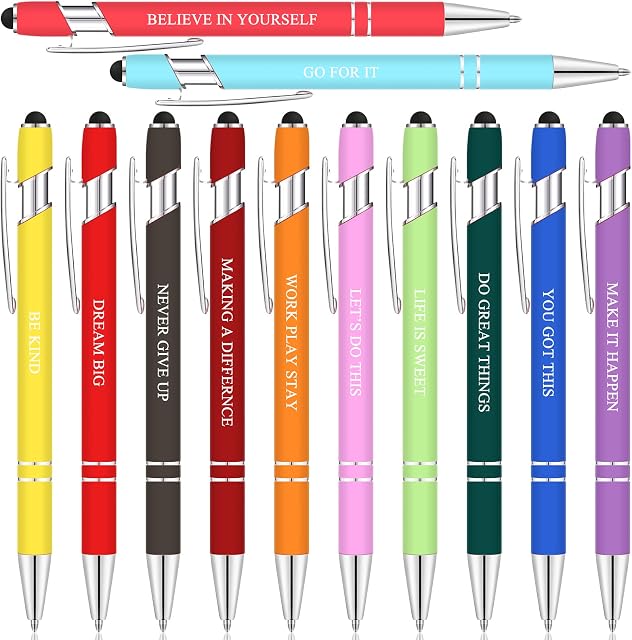 12 Pieces Quotes Pen Inspirational Ballpoint Pen with Stylus Tip Motivational Messages Pen Metal Inspirational Pen Set Metal Black Ink Pens Encouraging Stylus Pen(Assorted,Motivational Style)