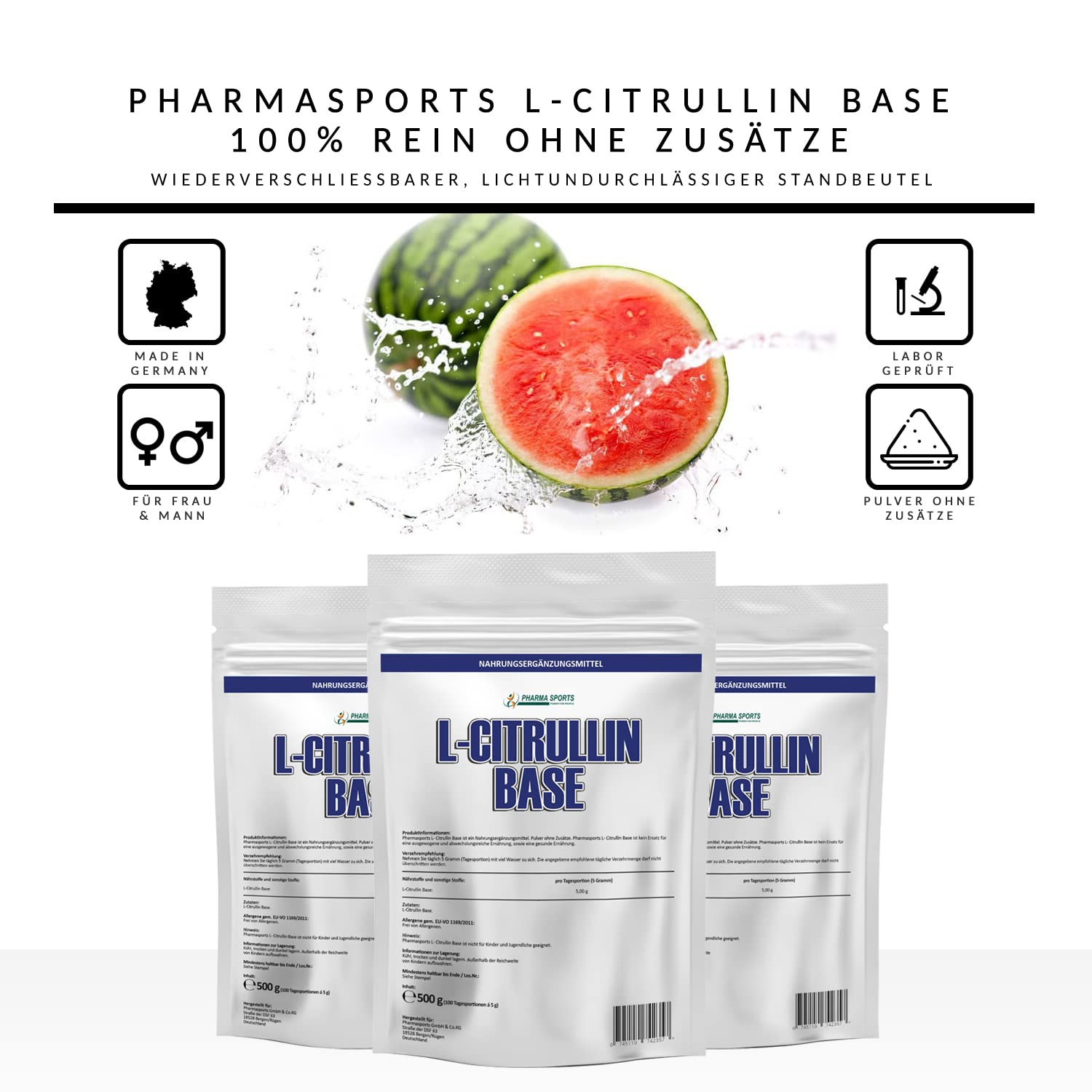 500g reines Citrullin Base 100% Pure Vegan Pulver Vitalstoff - Fitness Booster - steigert u verlängert Arginin Wirkung+Durchblutung