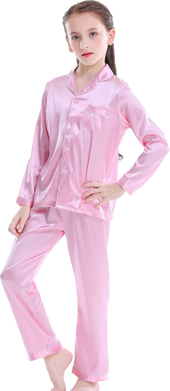 Girls Boys Satin Long Sleeve Button-Down Pajamas Set Sleepwear Loungewear - Image 6