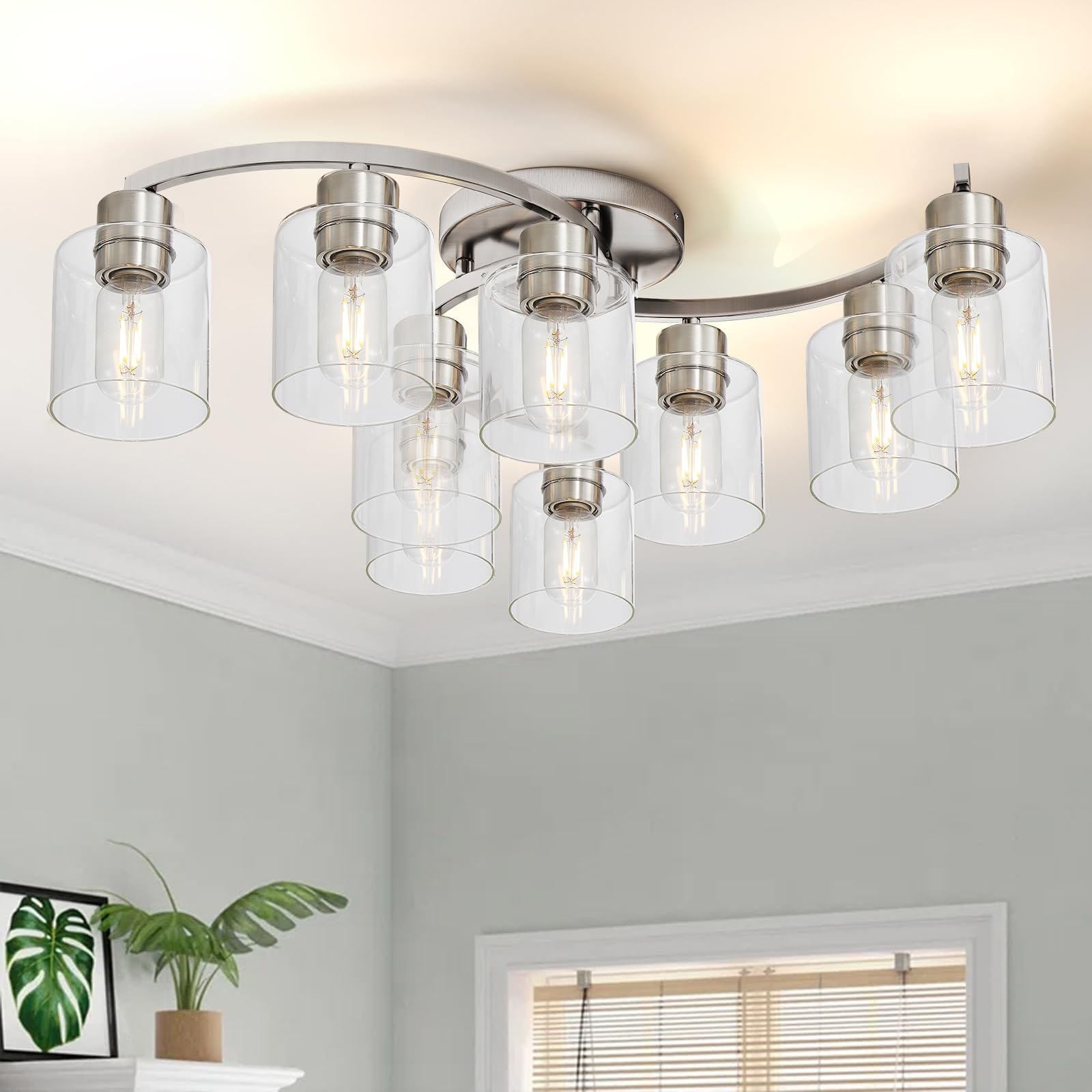 Eatich Brushed Nickel Ceiling Light Fixture, 9-Light Flush Mount Ceiling Light, Kitchen Light Fixtures with Clear Glass Shade, Modern Light Fixtures Ceiling Mount for Bedroom Dining Room Hallway