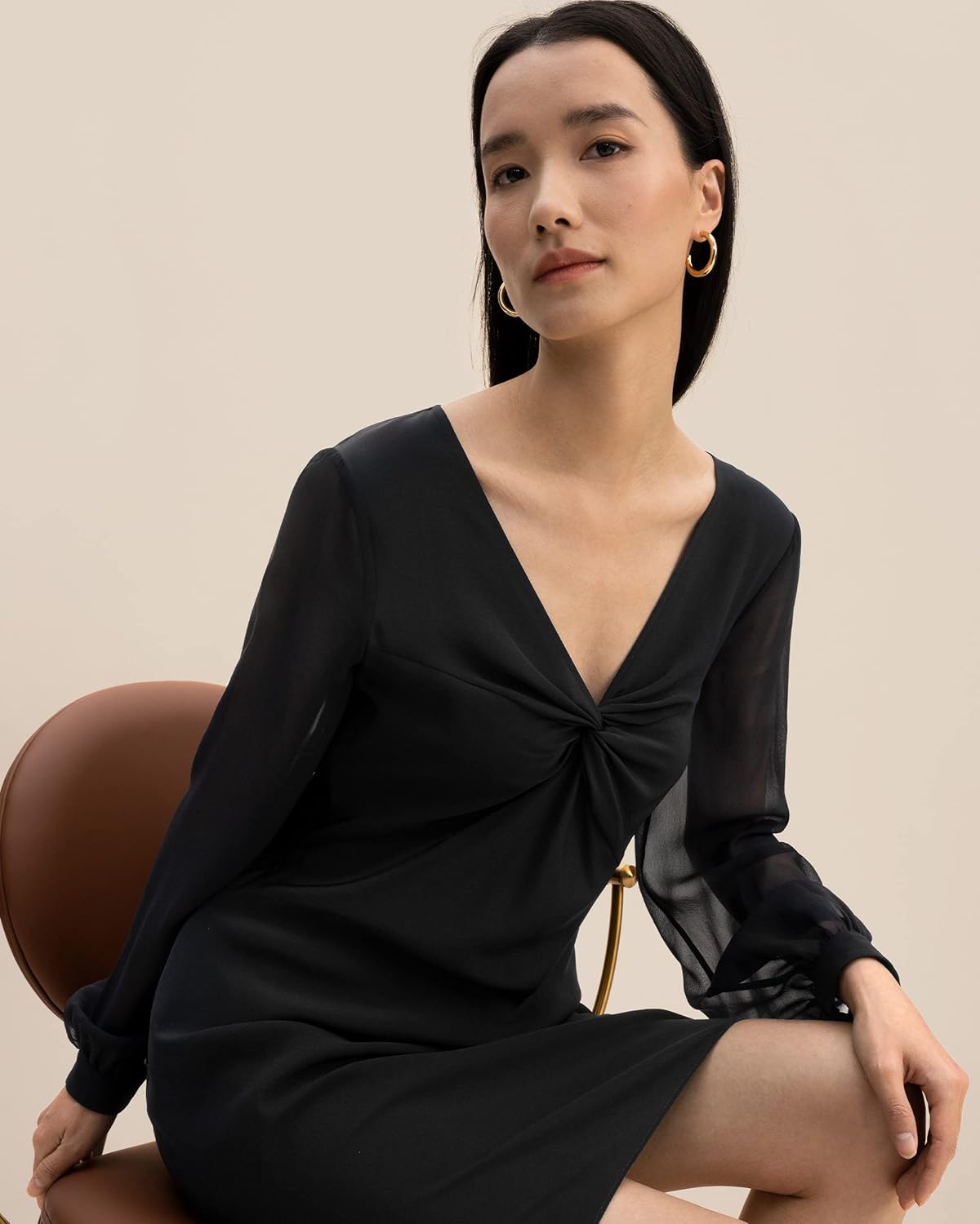 LilySilk 100% Silk Dress for Women Silk Georgette Long Sleeve Sexy V Neck Short Dresses Club Party Formal A Line