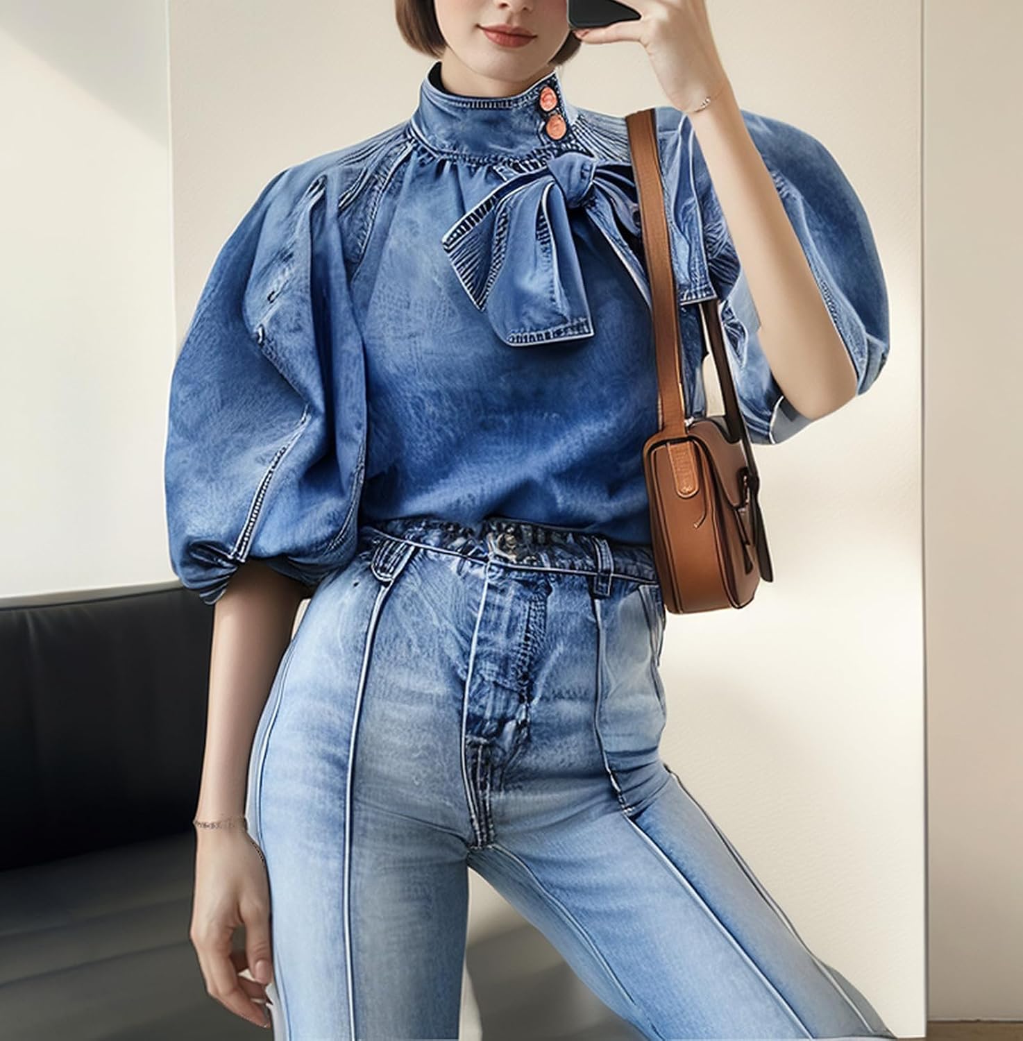 Women's Bow Design Denim Pullover Top Button Up High Neck Fashionable Jacket with Elastic and Puff Sleeves image 3