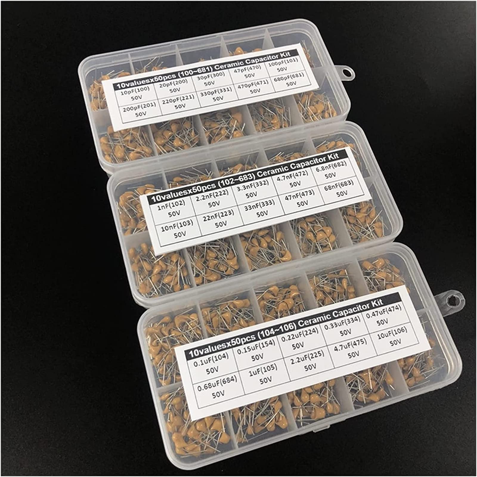Accesorios electrónicos Kit de condensadores Kit de condensadores cerámicos monolíticos/multicapa 50V 0.1uF 10pF~10uF P=5.08mm 30Valuesx50 Total 1500pcs con condensadores de caja Dispositivos electrón